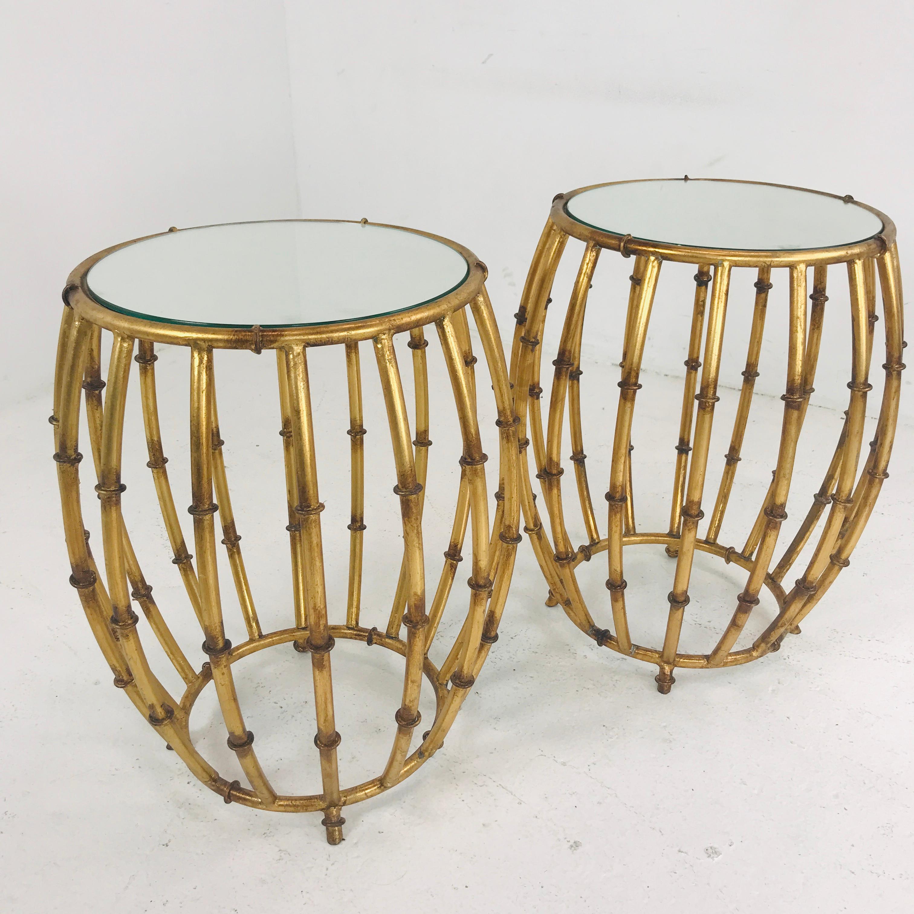 Pair of Gold Faux Bamboo Drum Side Tables with Mirrored Tops 2