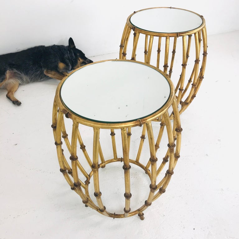 Pair of Gold Faux Bamboo Drum Side Tables with Mirrored Tops at 1stDibs