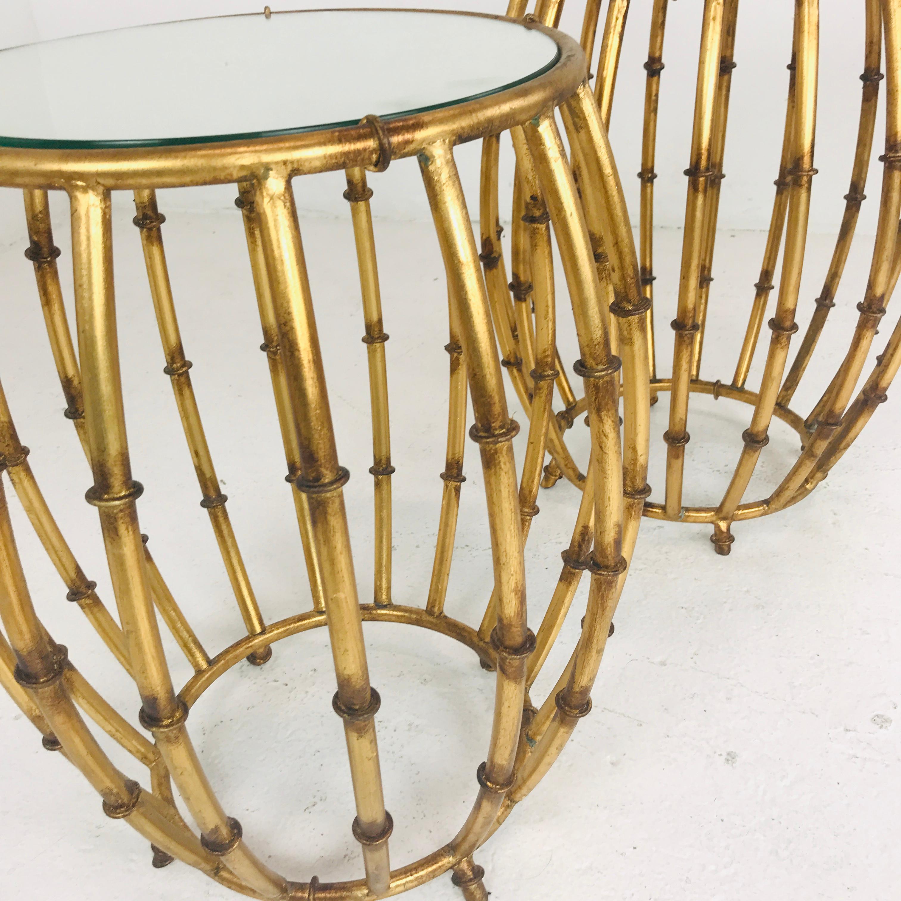 Pair of gold faux bamboo drum side tables with mirrored top
Diameter of table is 18