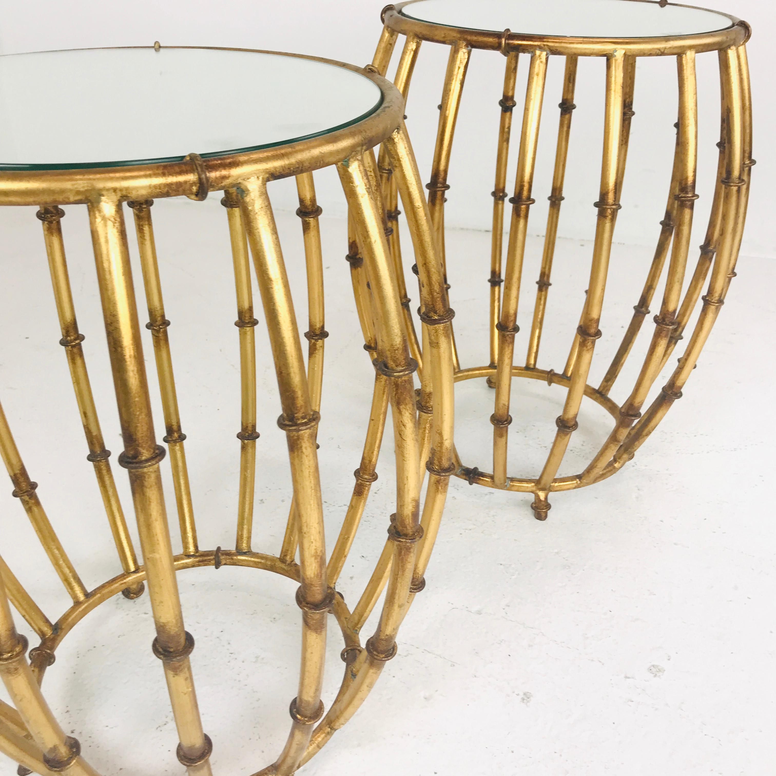 Mid-Century Modern Pair of Gold Faux Bamboo Drum Side Tables with Mirrored Tops