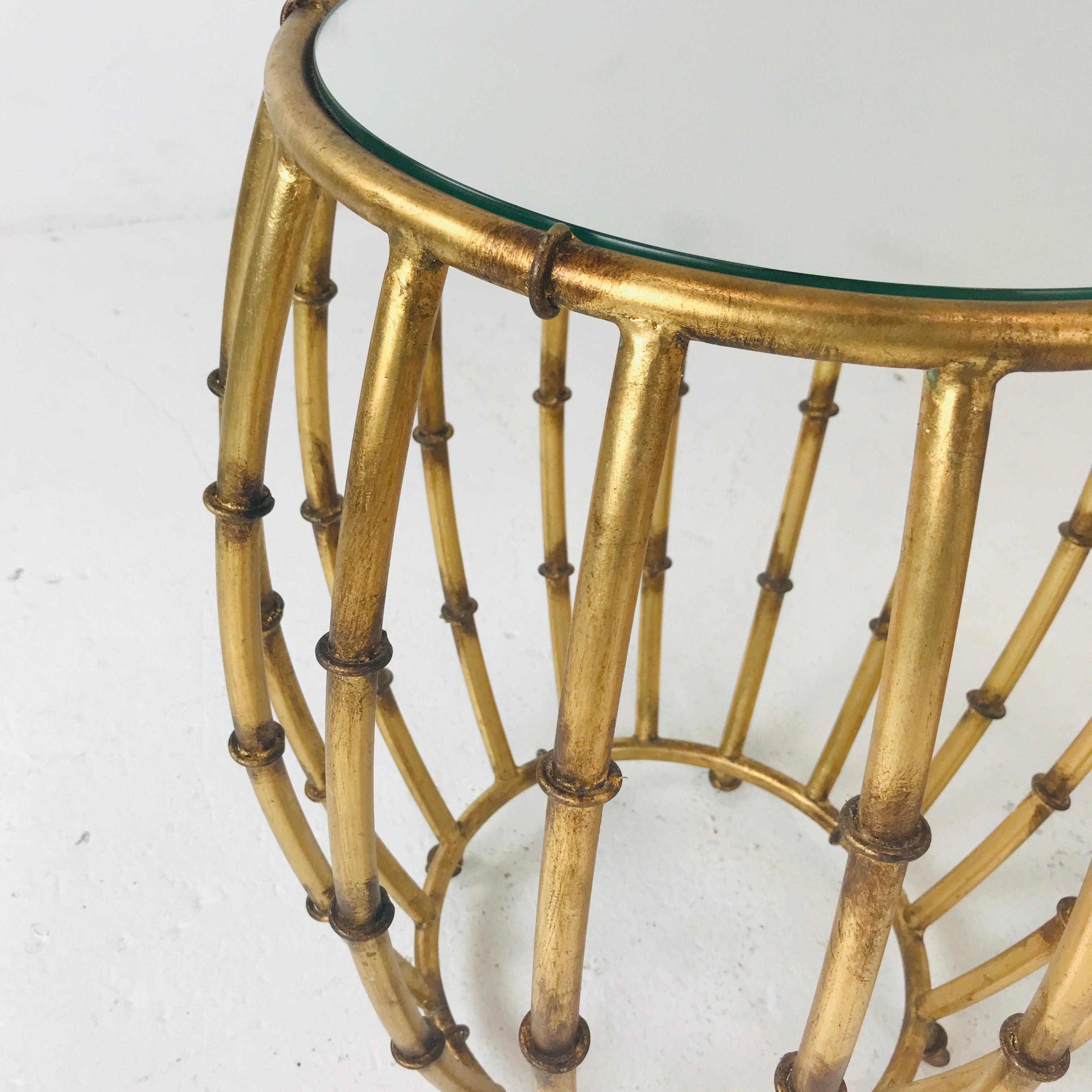 American Pair of Gold Faux Bamboo Drum Side Tables with Mirrored Tops