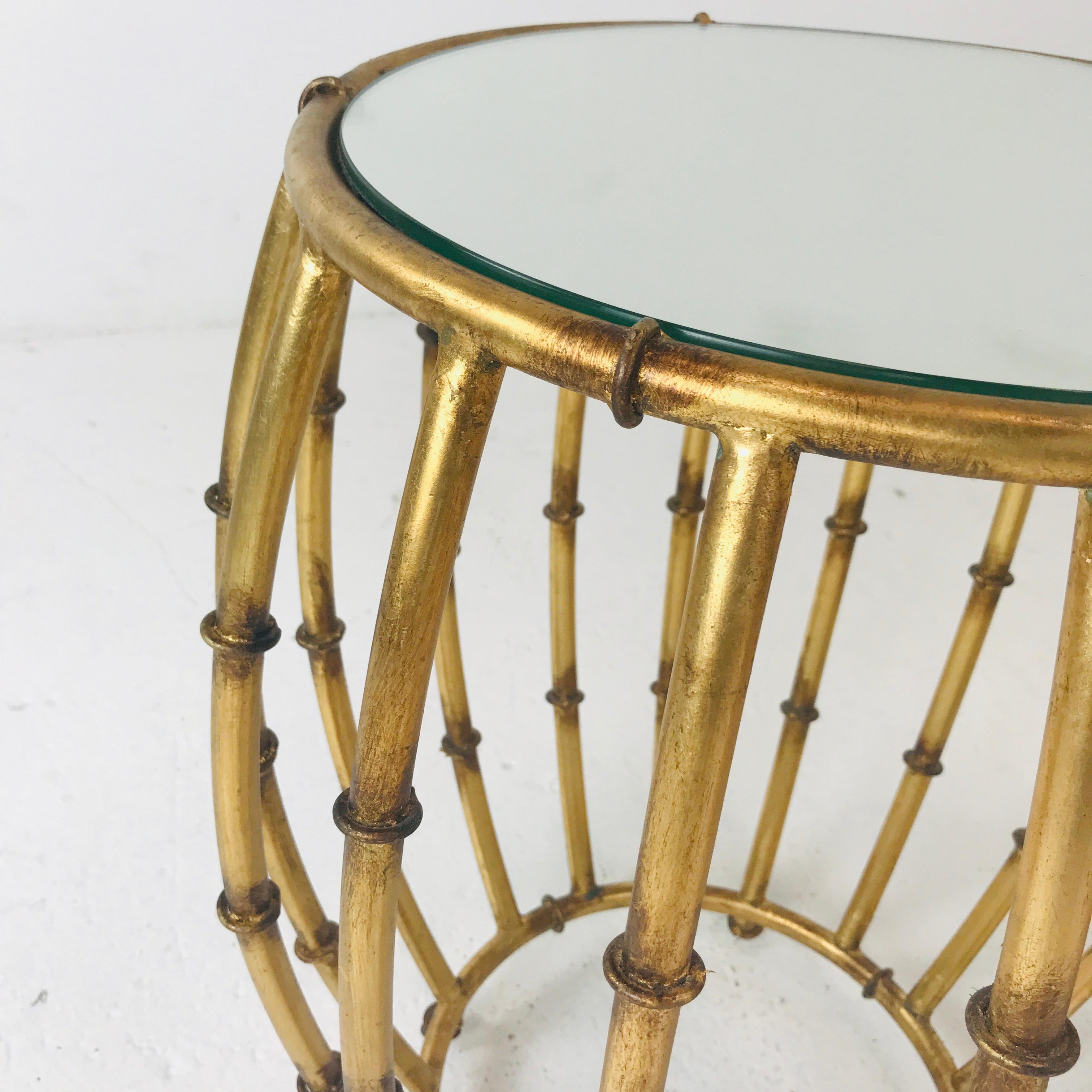 Metalwork Pair of Gold Faux Bamboo Drum Side Tables with Mirrored Tops