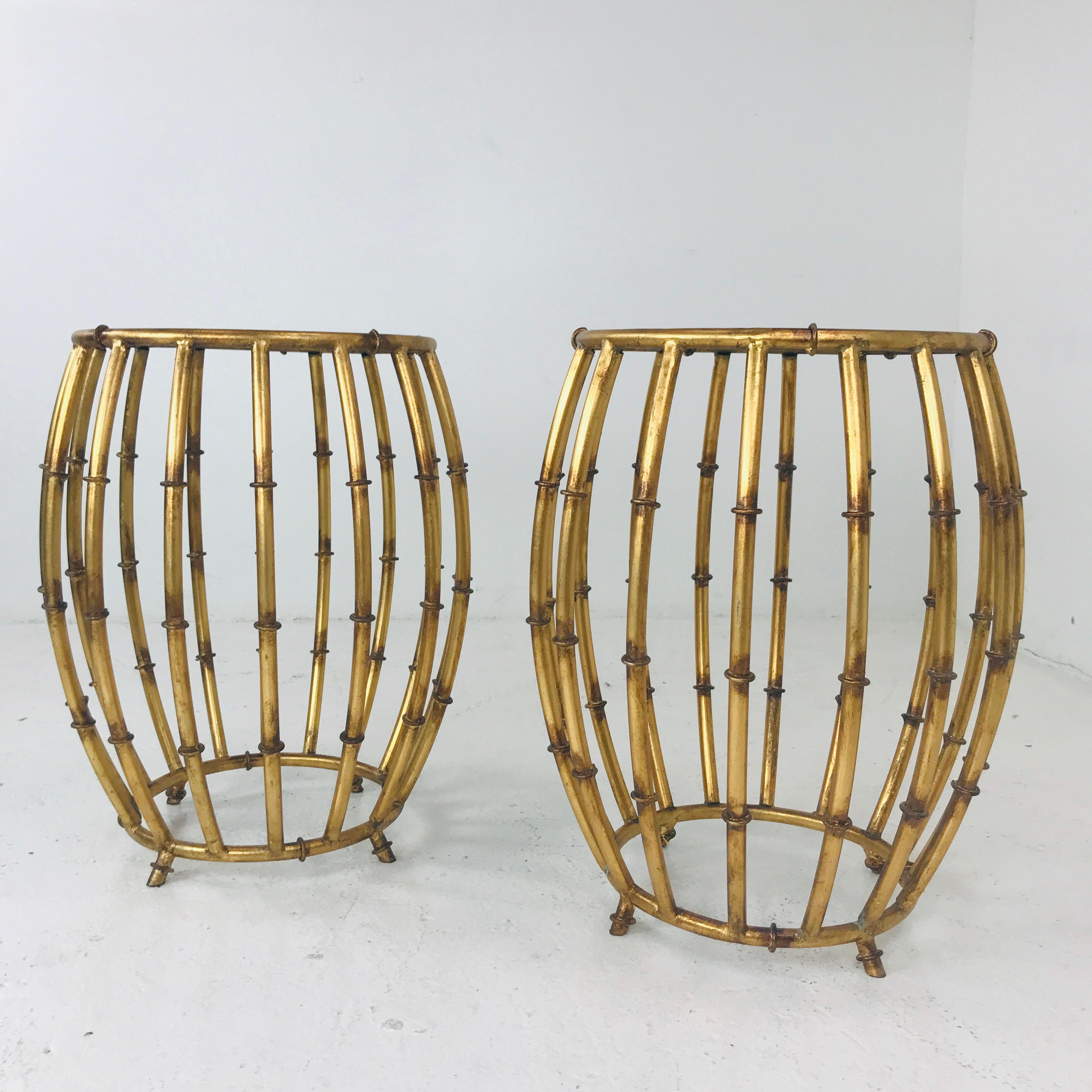 Pair of Gold Faux Bamboo Drum Side Tables with Mirrored Tops In Good Condition In Dallas, TX