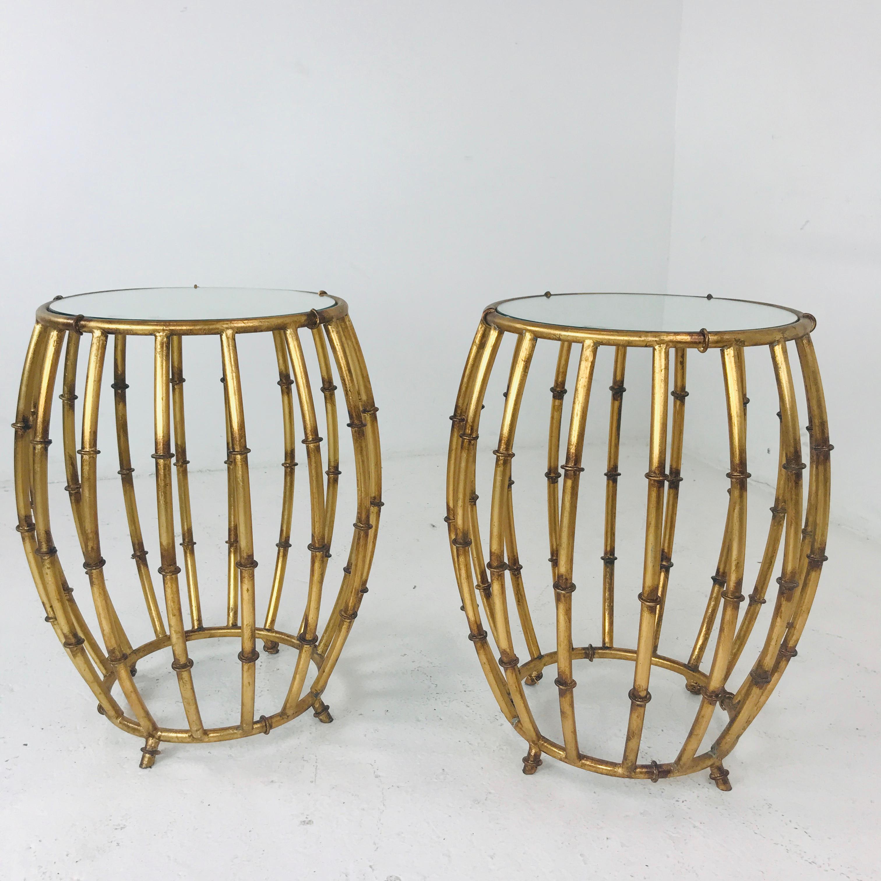 Late 20th Century Pair of Gold Faux Bamboo Drum Side Tables with Mirrored Tops