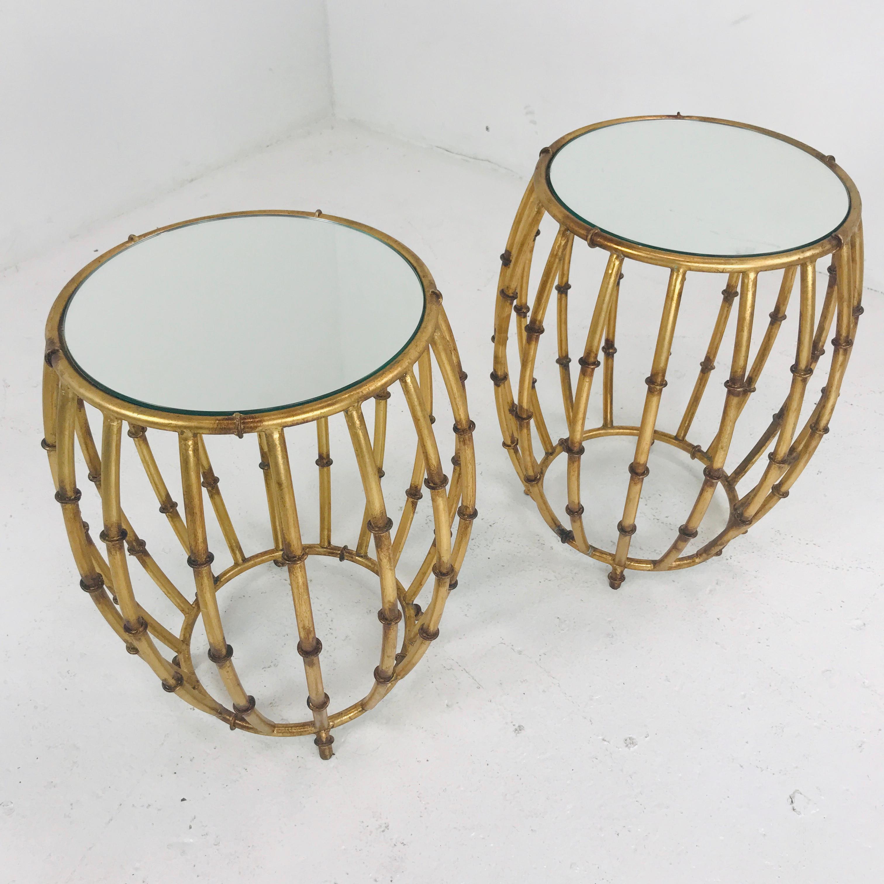 Metal Pair of Gold Faux Bamboo Drum Side Tables with Mirrored Tops