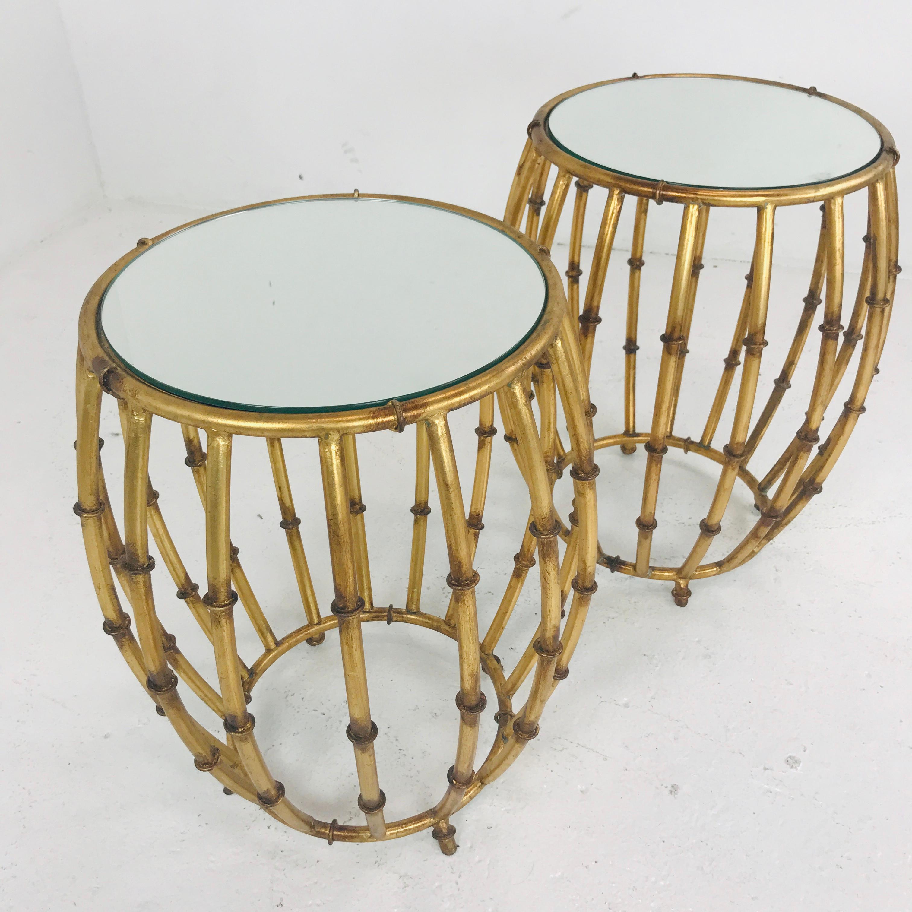 Pair of Gold Faux Bamboo Drum Side Tables with Mirrored Tops 1
