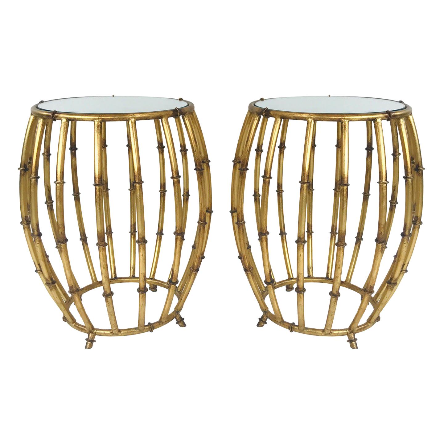 Pair of Gold Faux Bamboo Drum Side Tables with Mirrored Tops