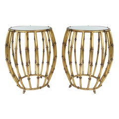 Pair of Gold Faux Bamboo Drum Side Tables with Mirrored Tops