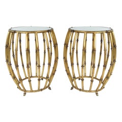 Pair of Gold Faux Bamboo Drum Side Tables with Mirrored Tops