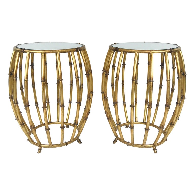 Pair of Gold Faux Bamboo Drum Side Tables with Mirrored Tops at 1stDibs