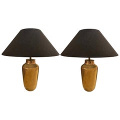 Gold Faux Shagreen Pair of Lamps with Black Linen Shades, China, Contemporary
