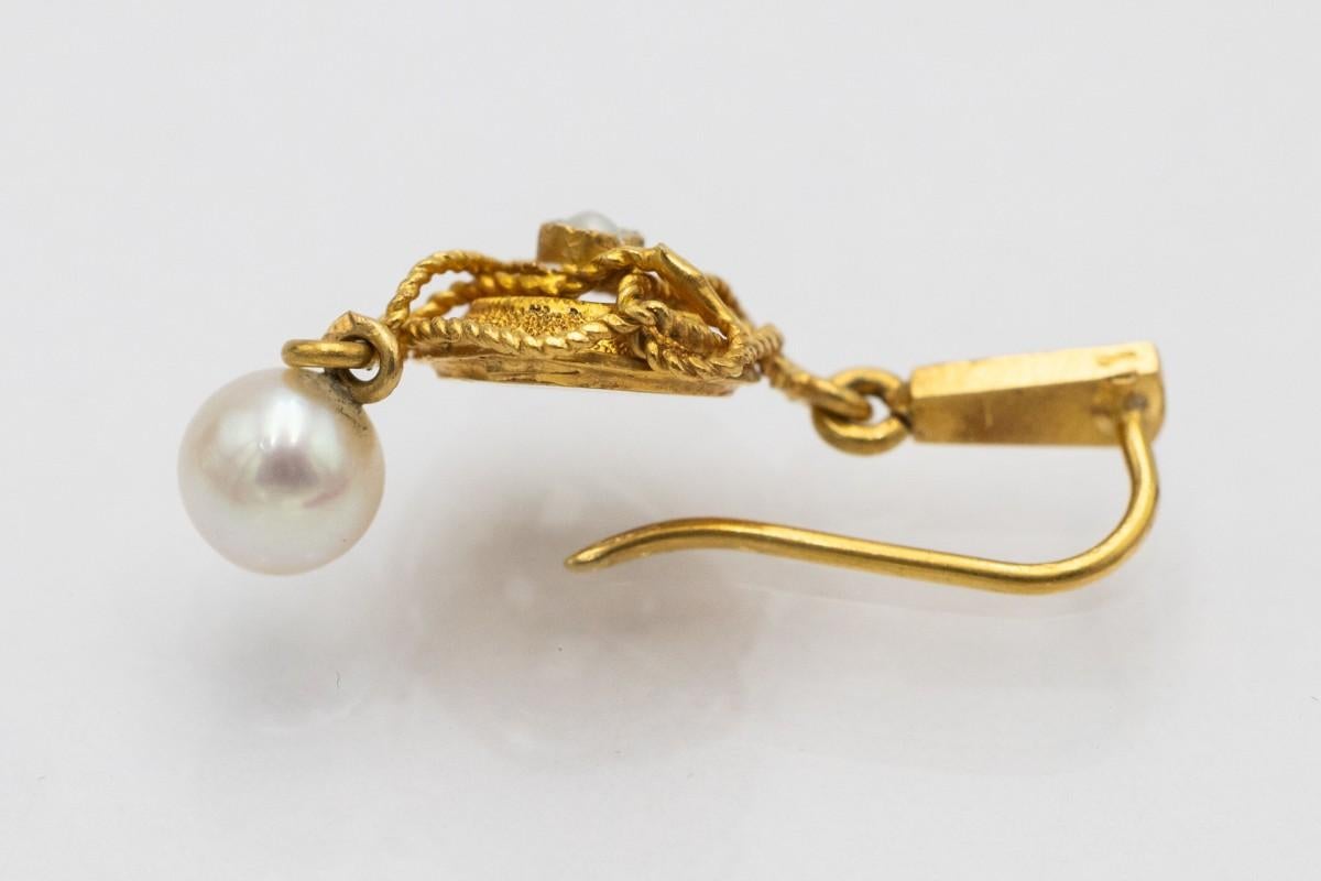 Round Cut Pair of gold filigree earrings with pearls, Sweden, 1861s.