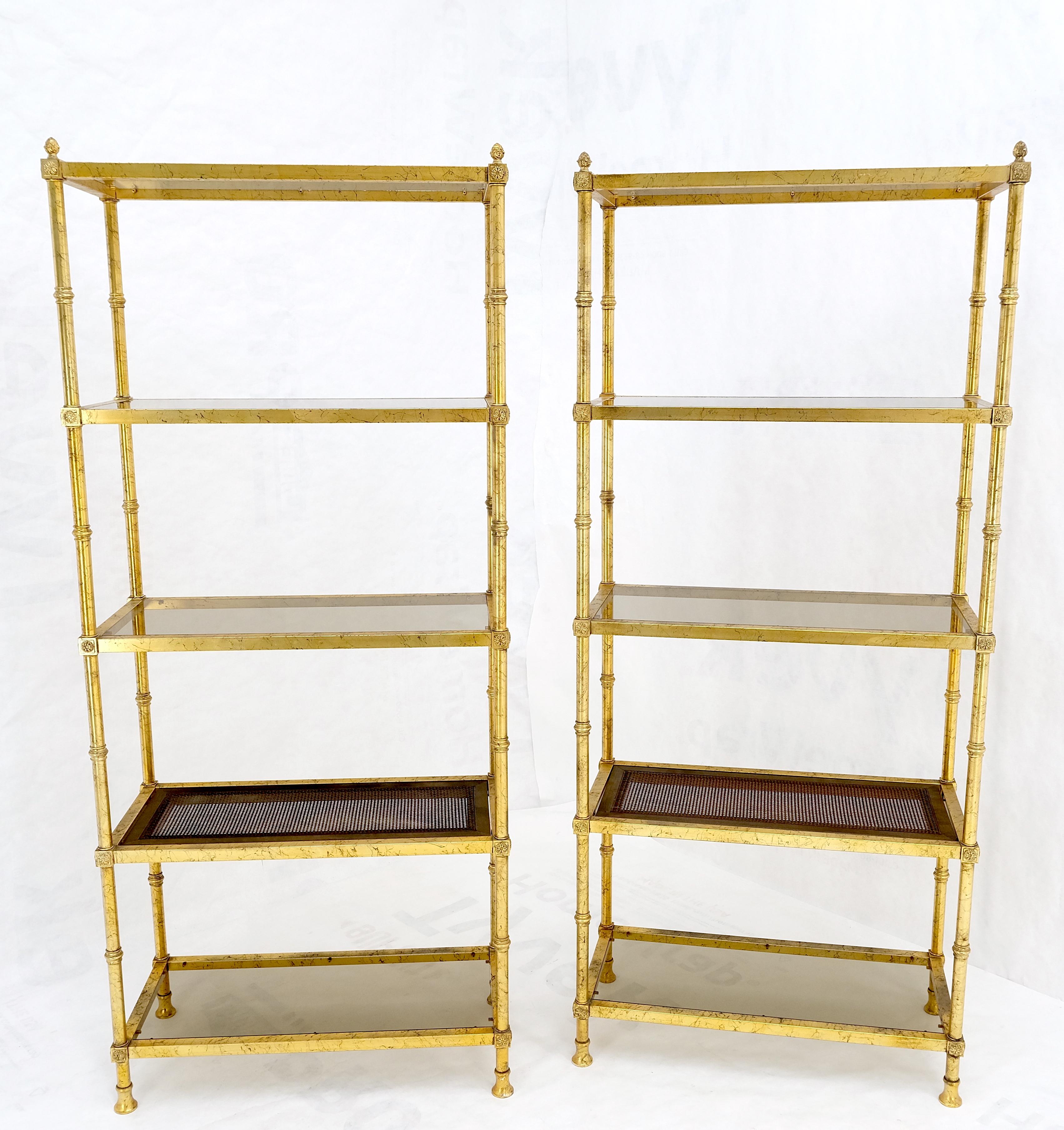 Pair of Gold Finish Cane & Glass Shelf Decorative Etageres Display Wall Units 2
