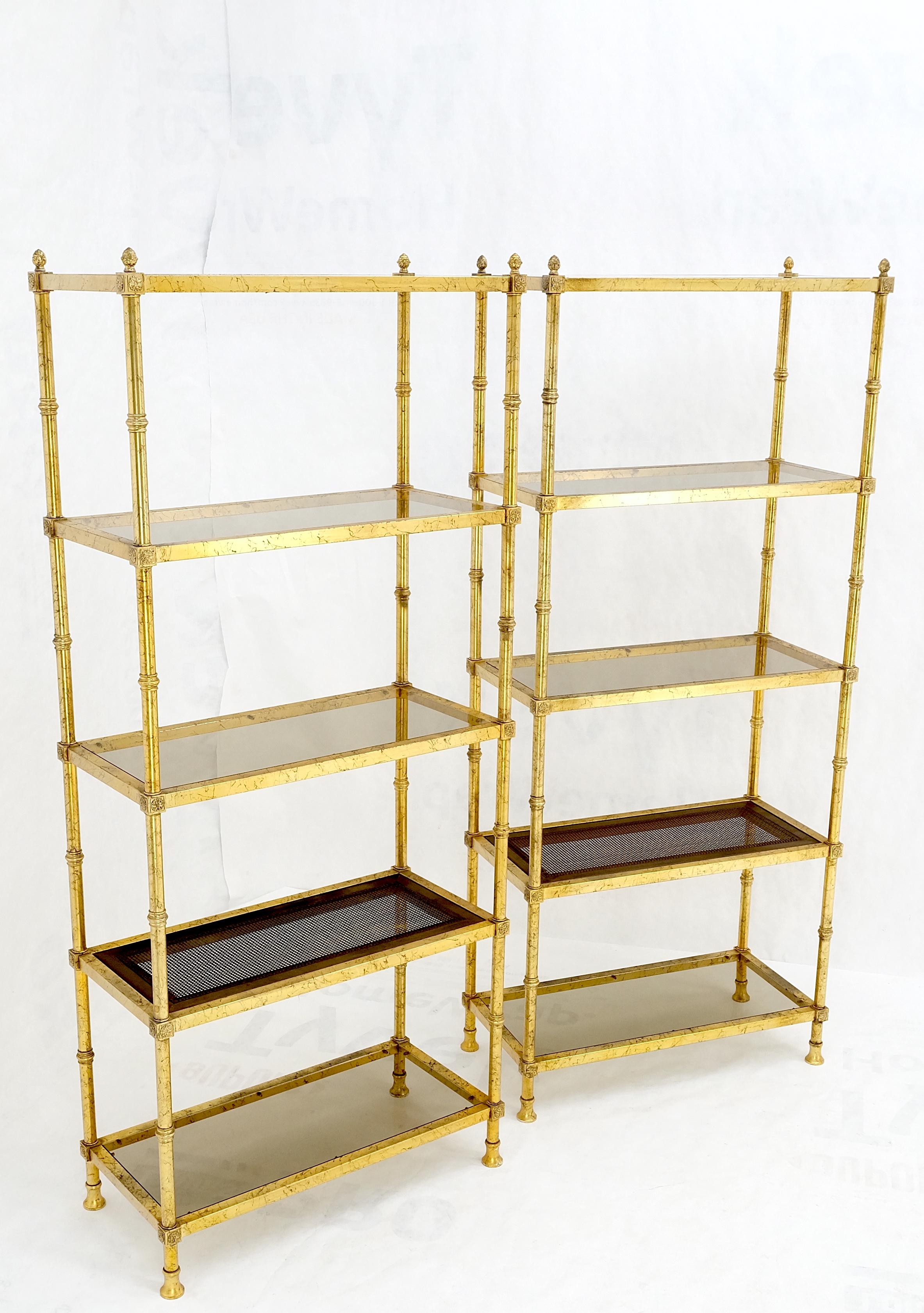Pair of Gold Finish Cane & Glass Shelf Decorative Etageres Display Wall Units 3
