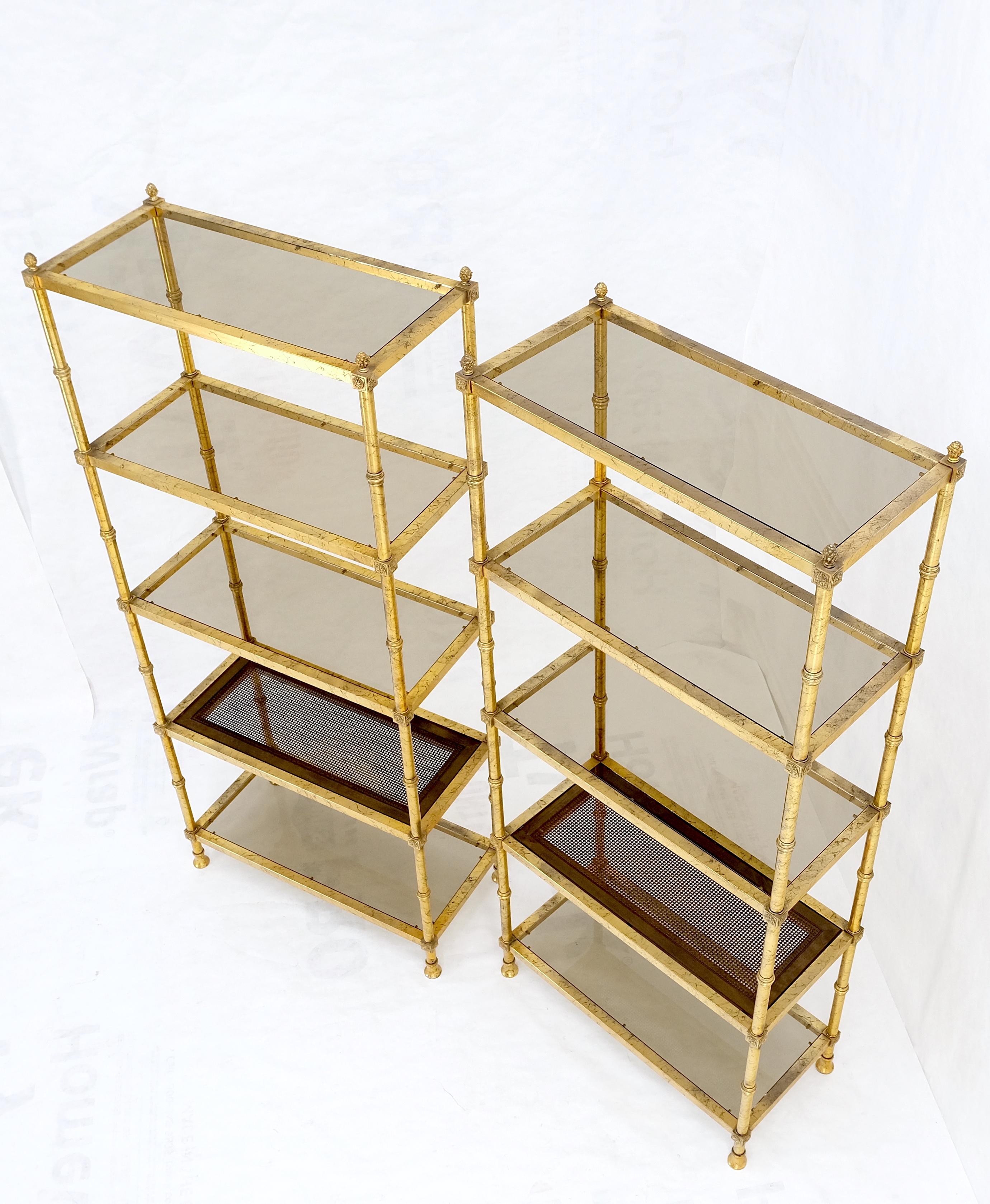 Pair of Gold Finish Cane & Glass Shelf Decorative Etageres Display Wall Units 4