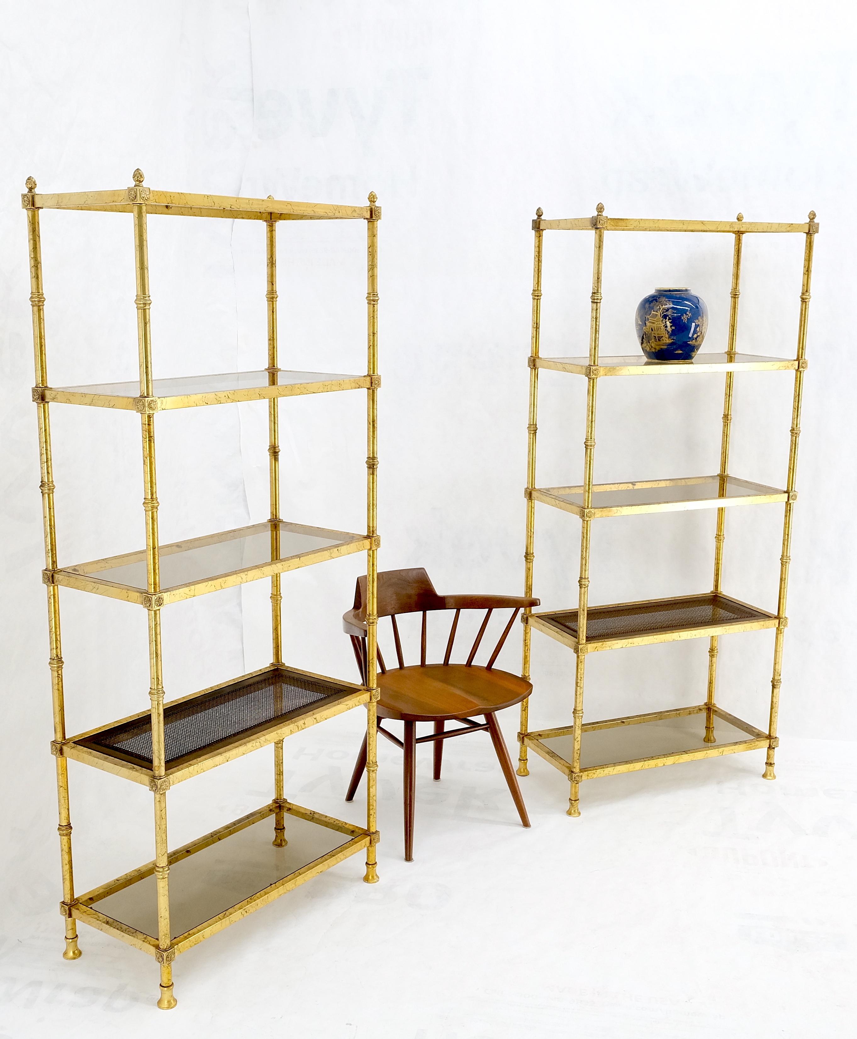 Pair of Gold Finish Cane & Glass Shelf Decorative Etageres Display Wall Units 5
