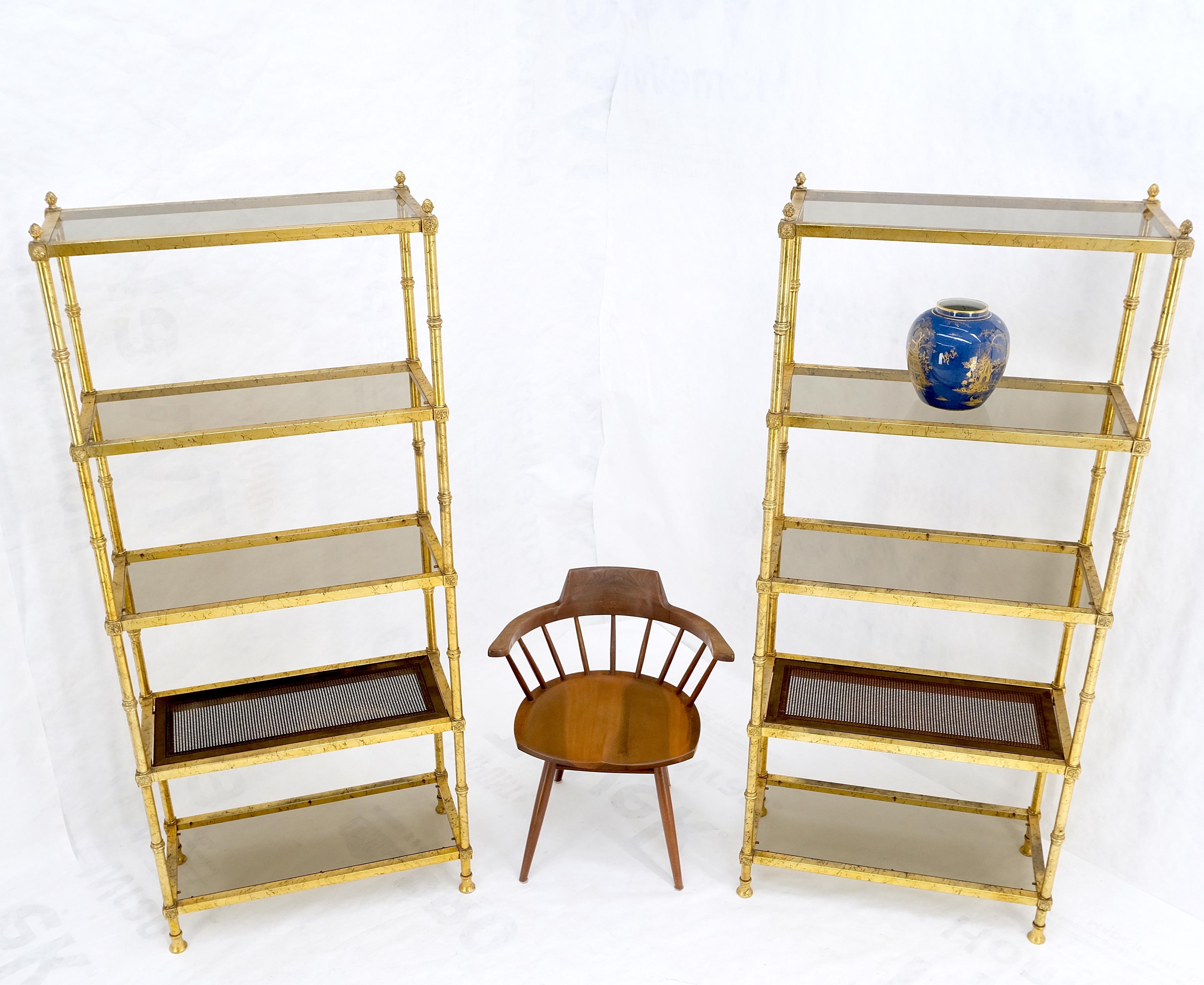 Pair of Gold Finish Cane & Glass Shelf Decorative Etageres Display Wall Units 6
