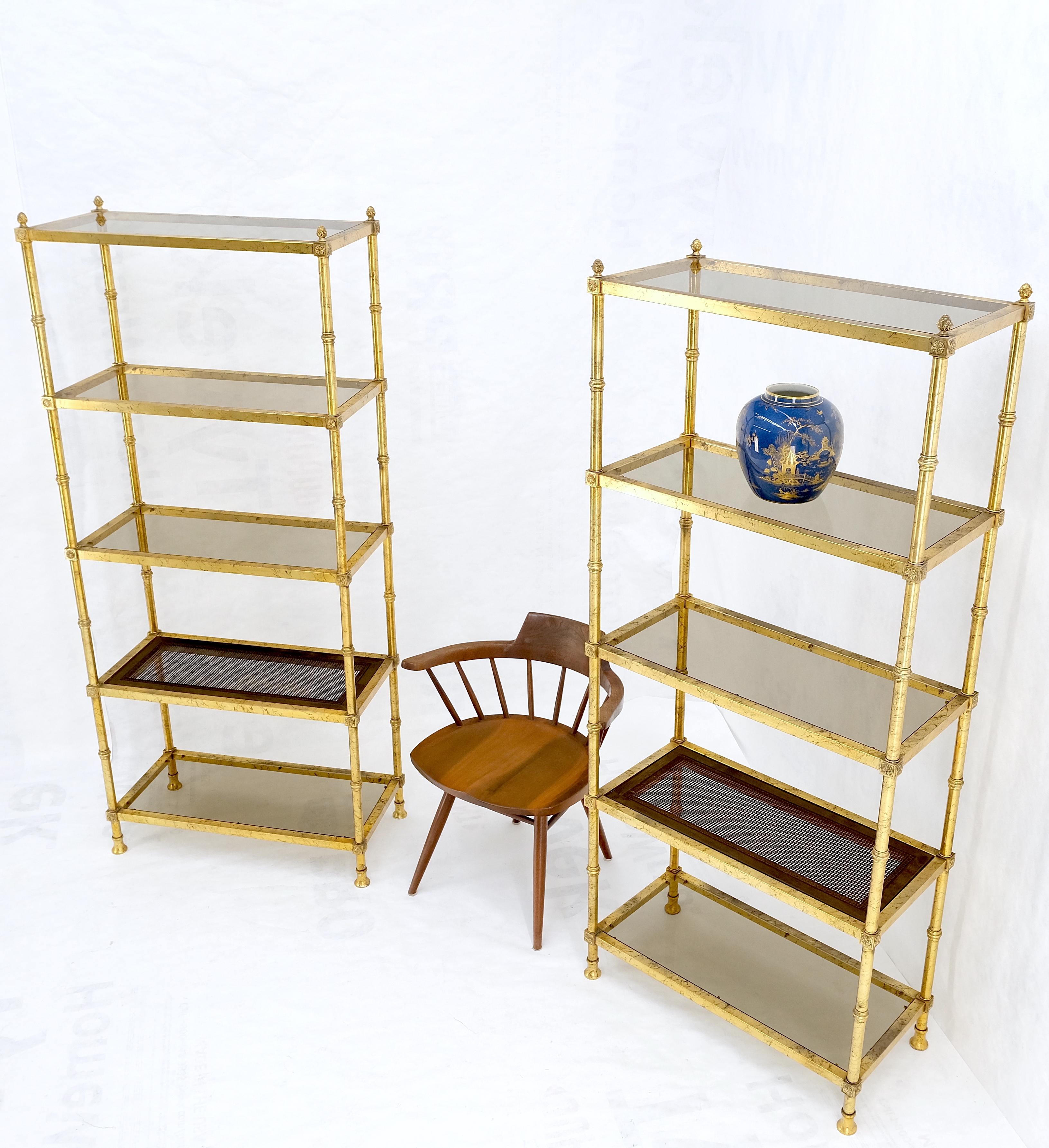 Pair of Gold Finish Cane & Glass Shelf Decorative Etageres Display Wall Units 7