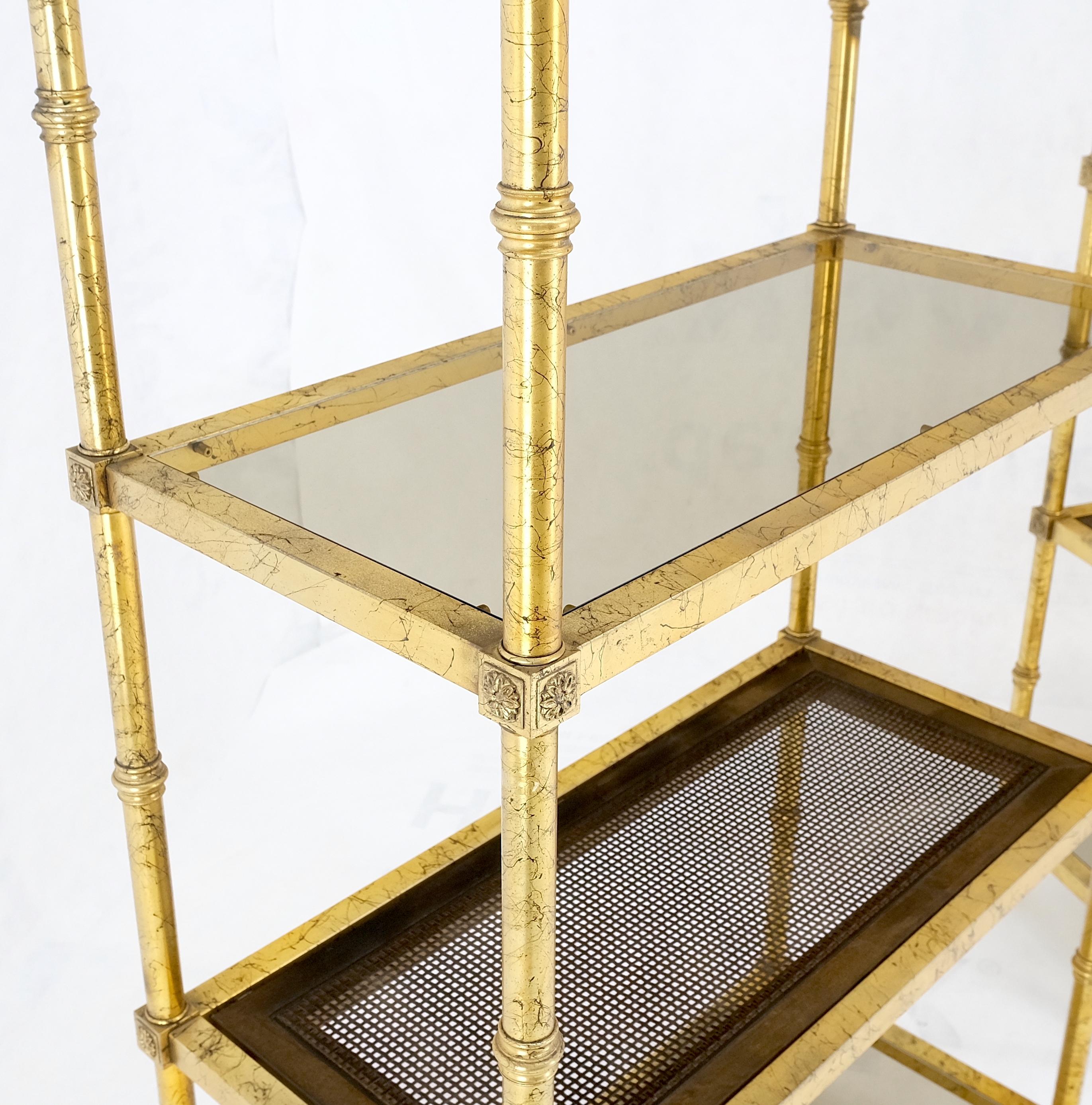 Pair of gold finish cane & glass shelf decorative etageres display wall units.