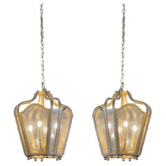 Vintage Pair of Gold Finished Wrought Iron Lanterns with Textured Glass and Glass Beads