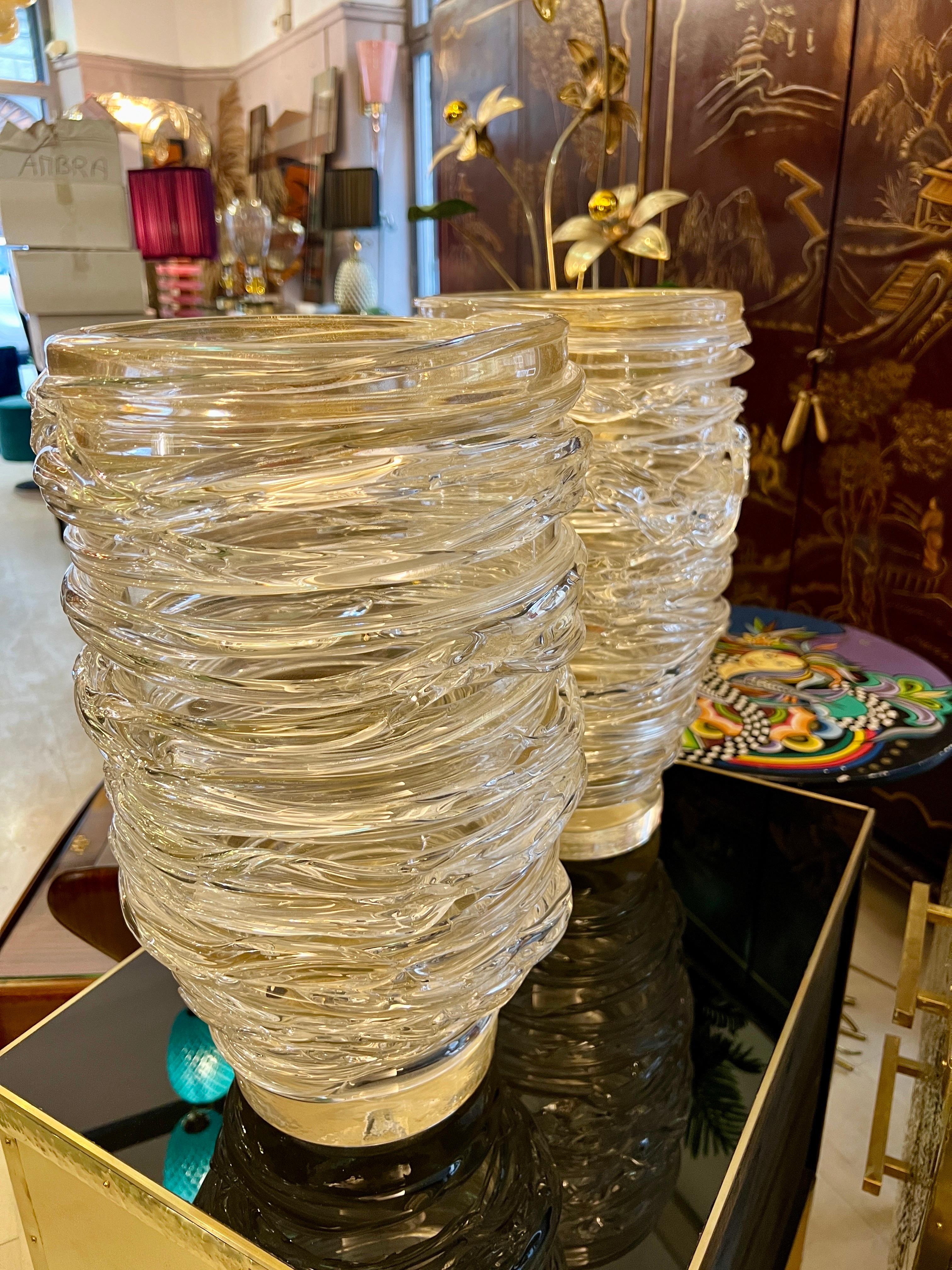 Pair of Gold Fleck Murano Glass Vases with Filaments Signed by Costantini 1980s In Excellent Condition For Sale In Florence, IT