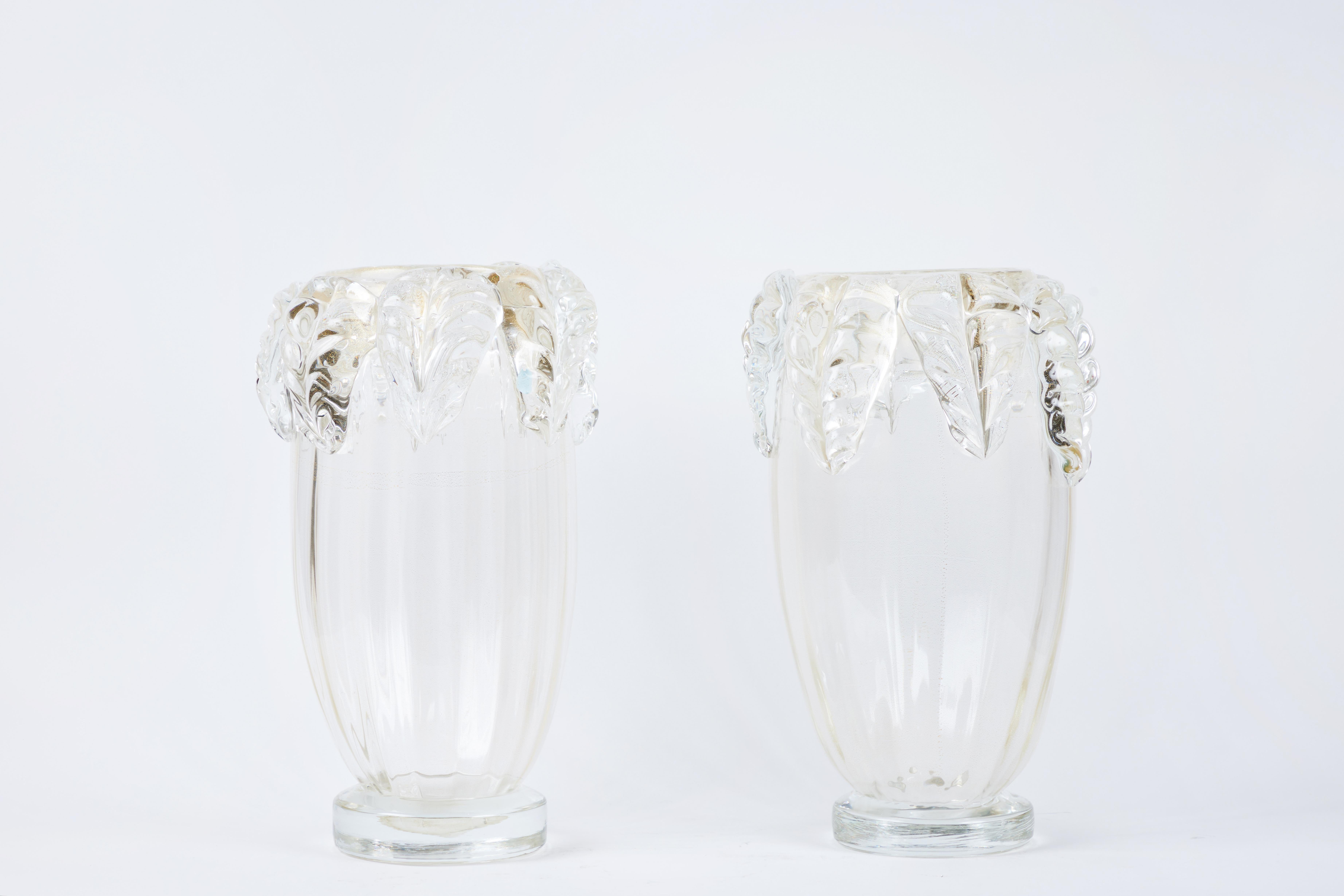 Italian Pair of 22k Gold Flecked Murano Glass Vases For Sale