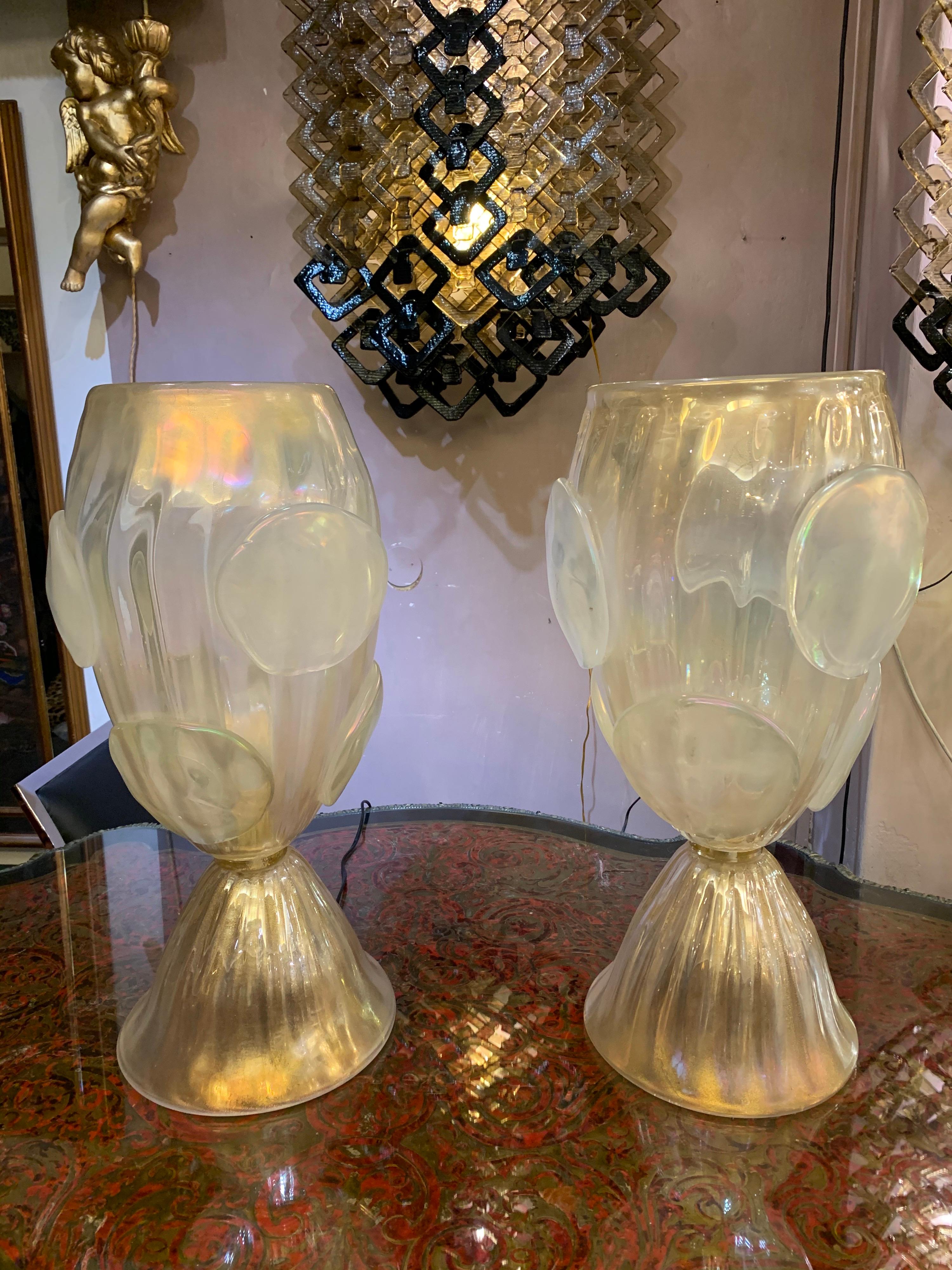 Pair of Gold Flecks Murano Glass Table Lamps Iridescent Effect, 1950s 6