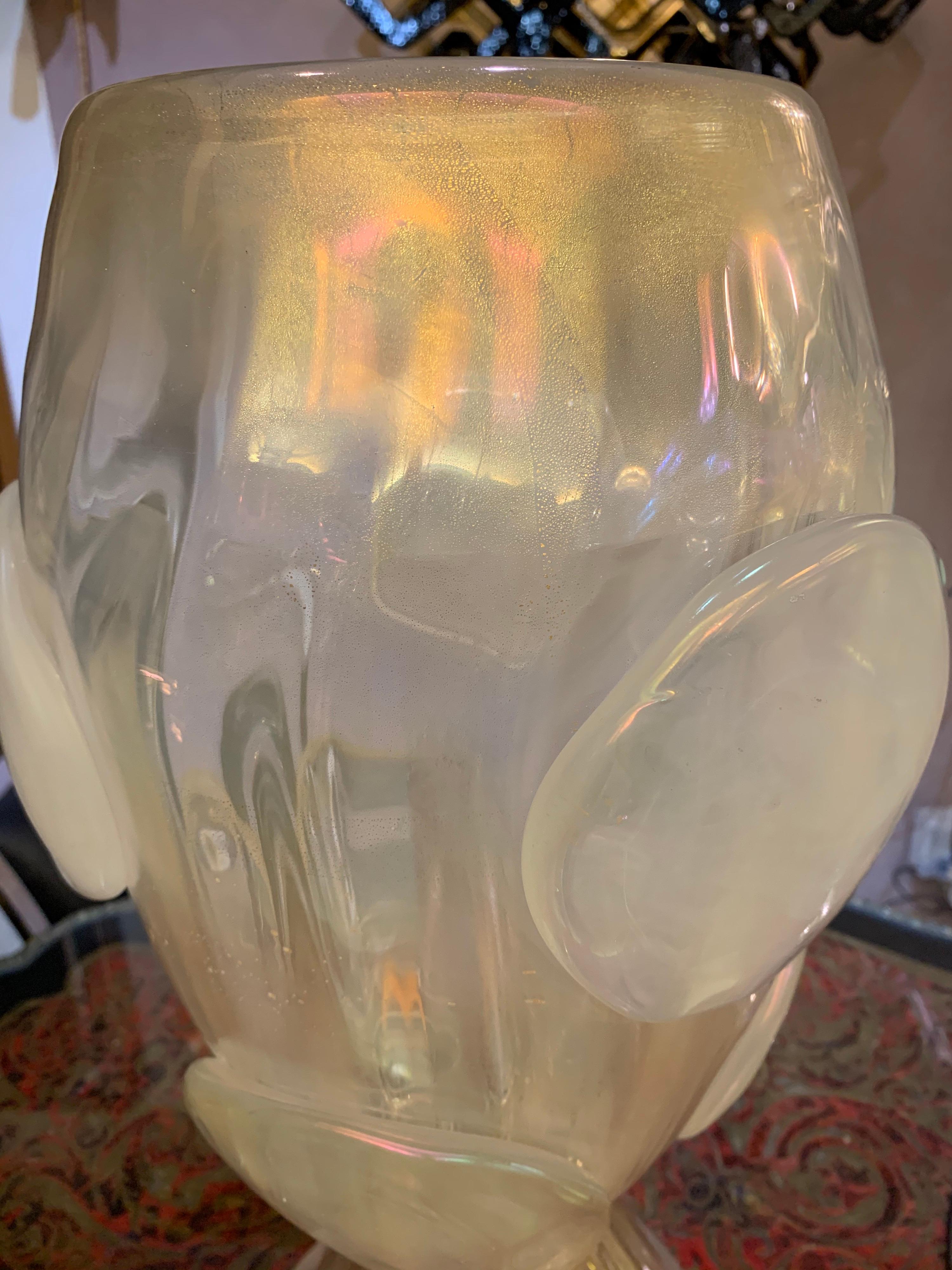 Pair of Gold Flecks Murano Glass Table Lamps Iridescent Effect, 1950s 9