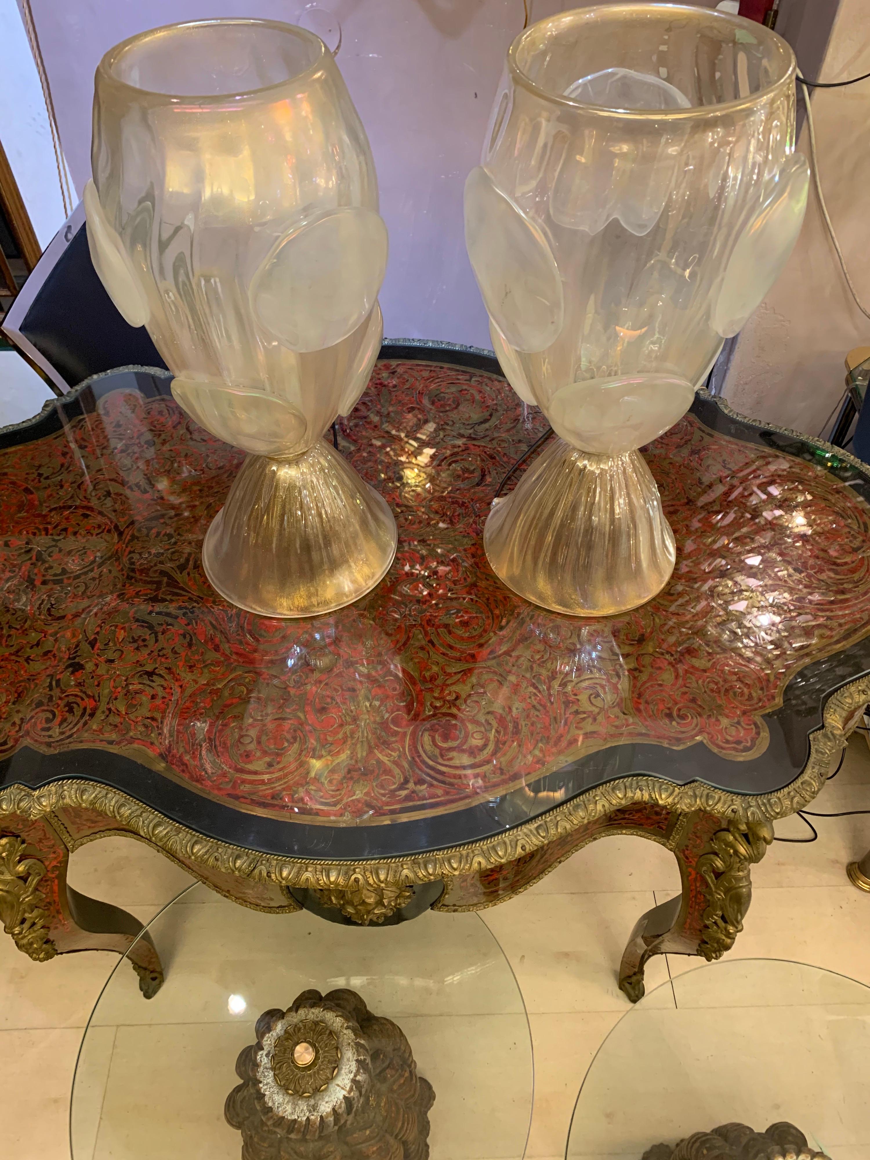 Pair of Gold Flecks Murano Glass Table Lamps Iridescent Effect, 1950s 11