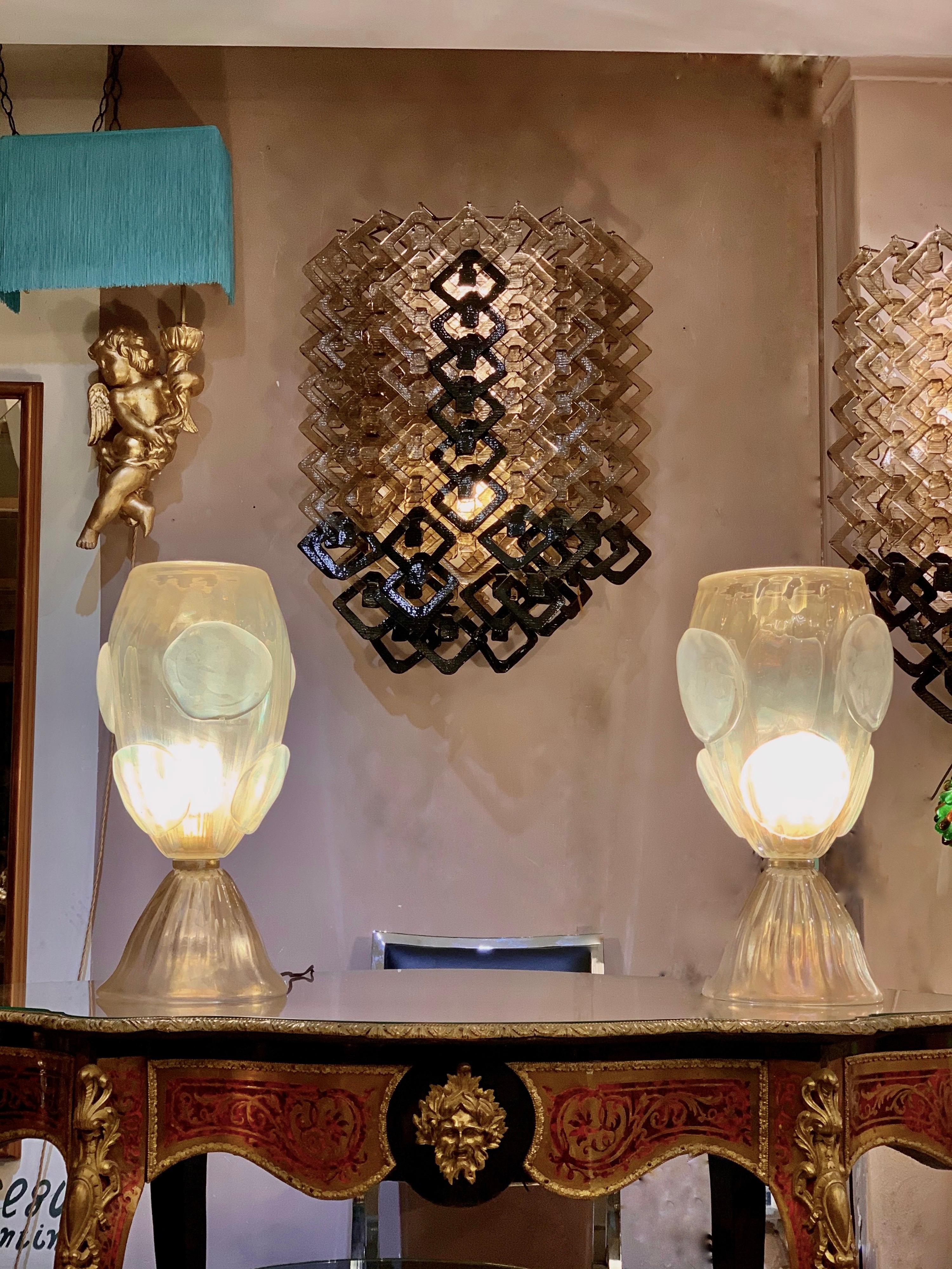Mid-Century Modern Pair of Gold Flecks Murano Glass Table Lamps Iridescent Effect, 1950s
