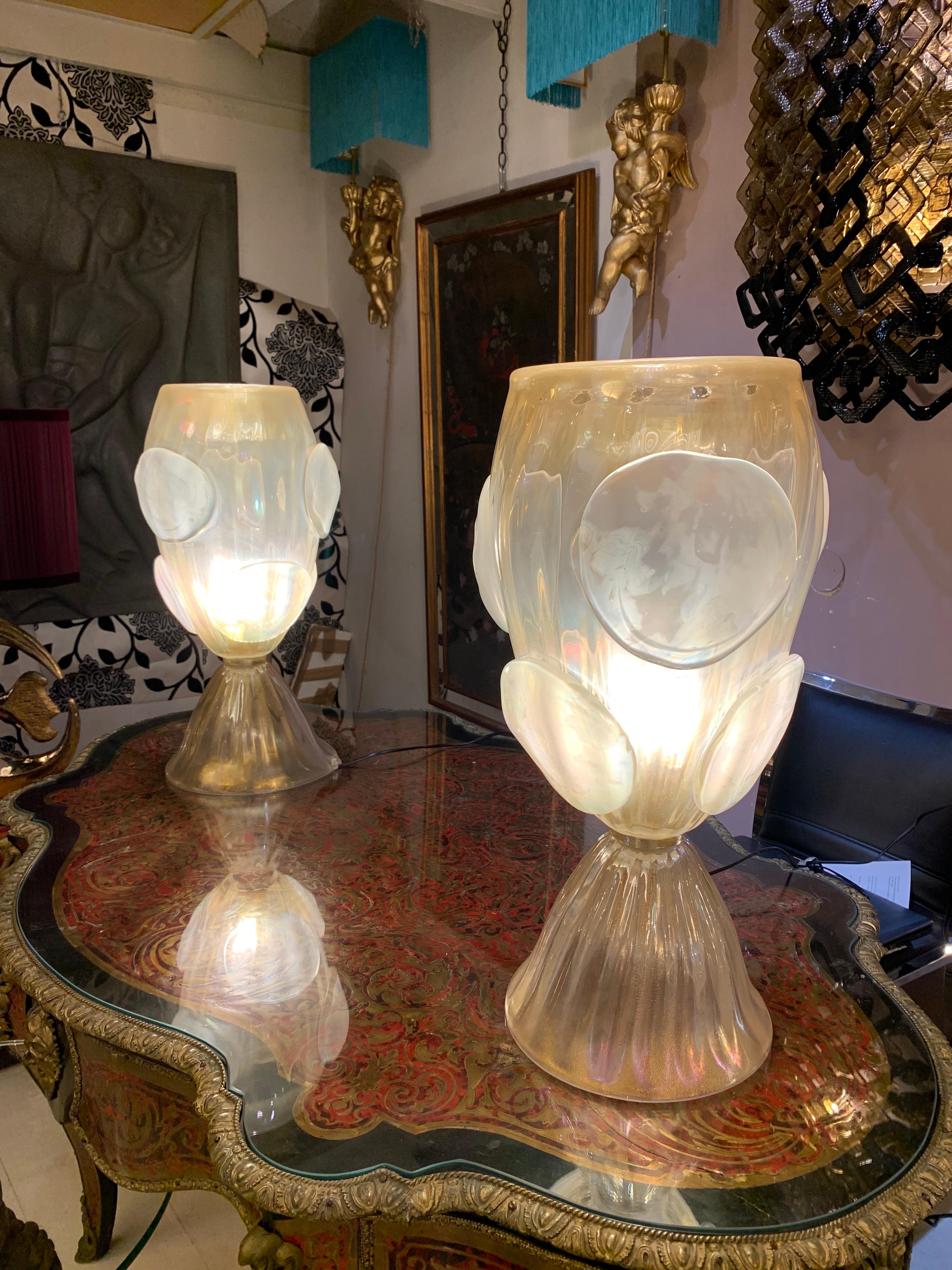 Pair of Gold Flecks Murano Glass Table Lamps Iridescent Effect, 1950s In Excellent Condition In Florence, IT