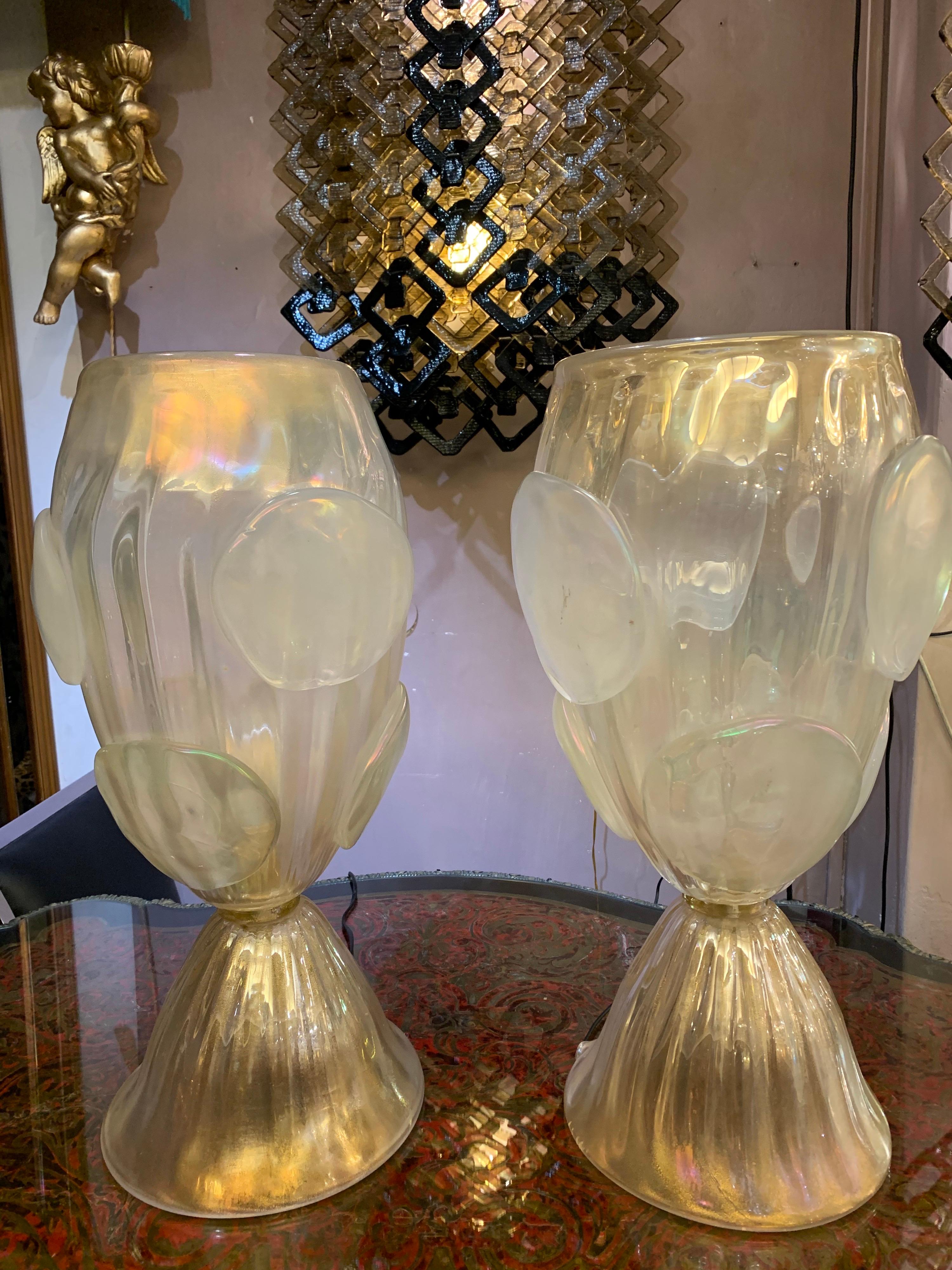 Pair of Gold Flecks Murano Glass Table Lamps Iridescent Effect, 1950s 4