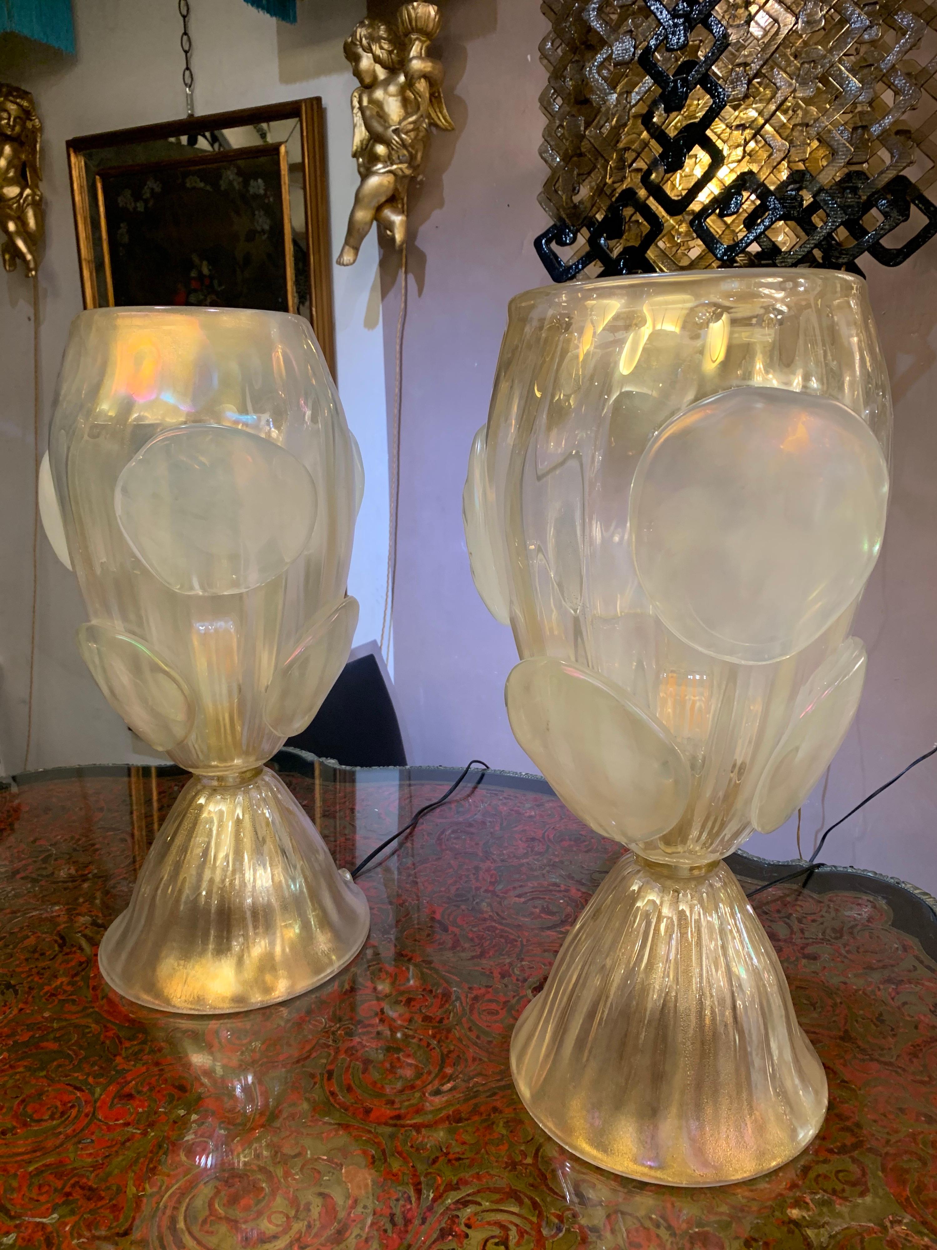 Pair of Gold Flecks Murano Glass Table Lamps Iridescent Effect, 1950s 5