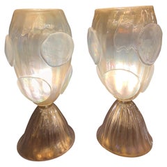 Pair of Gold Flecks Murano Glass Table Lamps Iridescent Effect, 1950s
