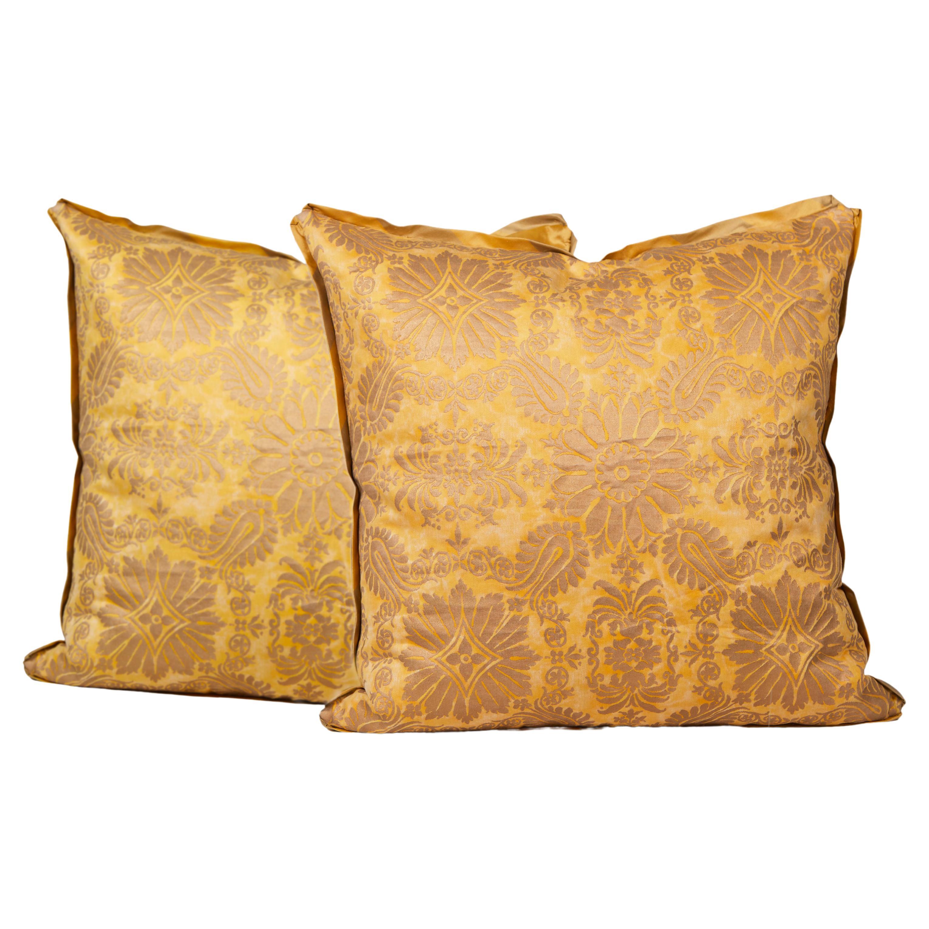 Pair of Gold Fortuny Fabric Cushions in the Impero Pattern