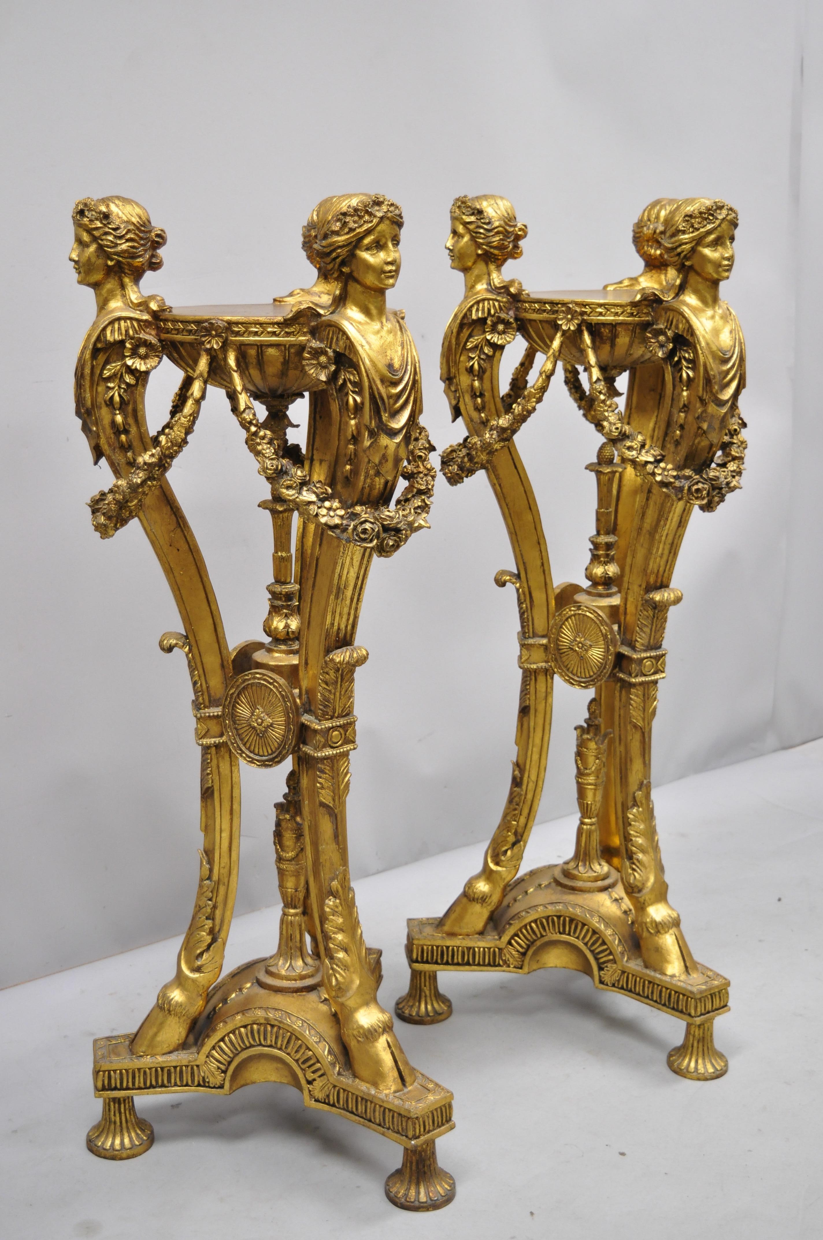 Pair of Gold French Neoclassical Style Figural Maiden Bust Hoof Foot Pedestals 7