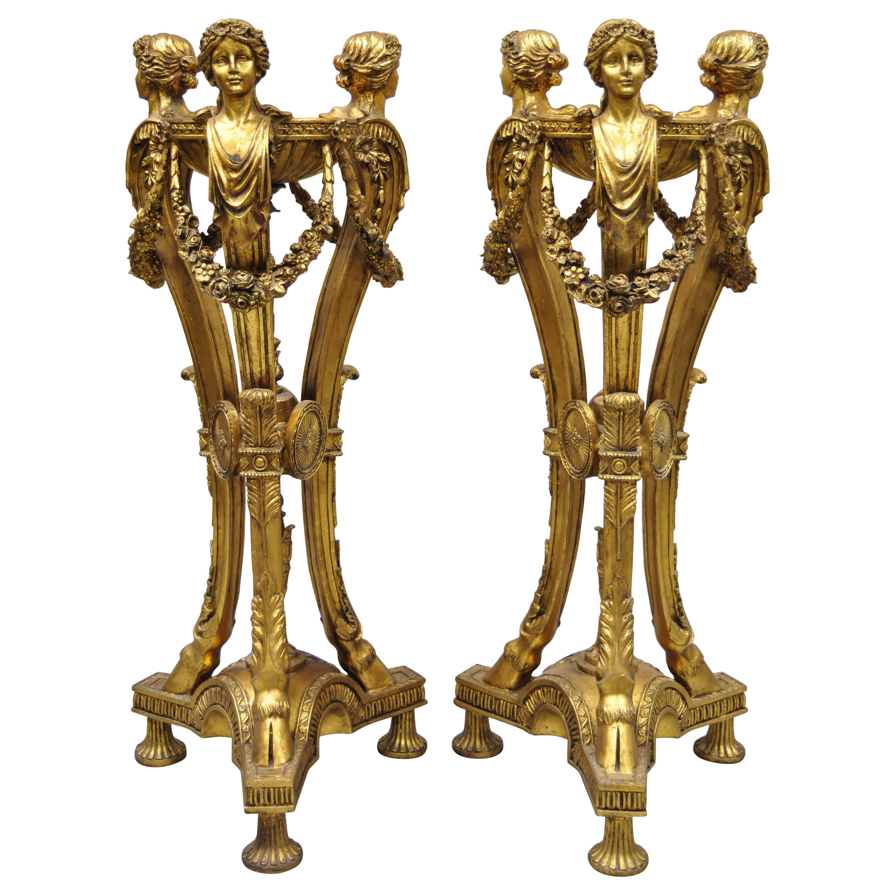 Pair of Gold French Neoclassical Style Figural Maiden Bust Hoof Foot Pedestals