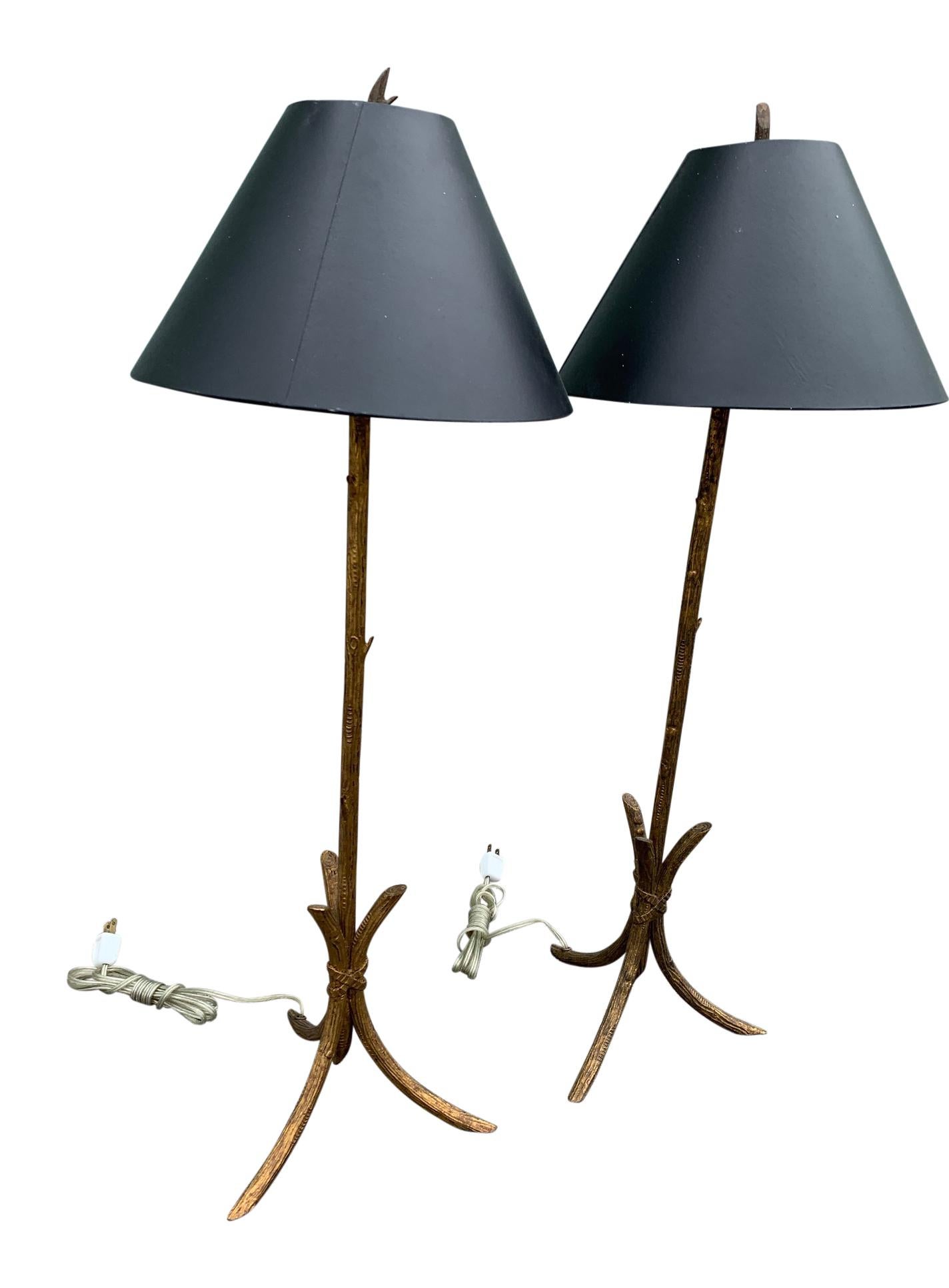 Pair of Gold Gilded Faux Bois Lamps For Sale 3