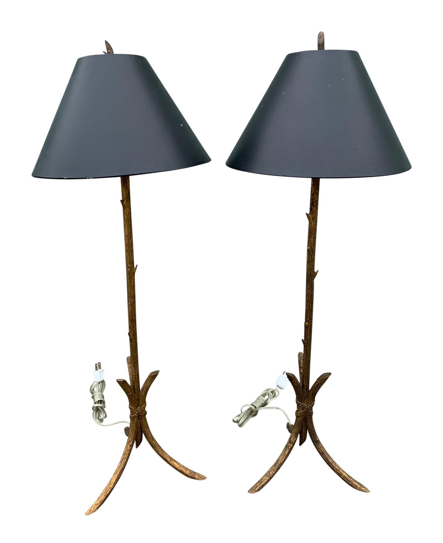Pair of gold gilded faux bois lamps with original finials, in the manner of Giacometti, Mid-Century Modern.