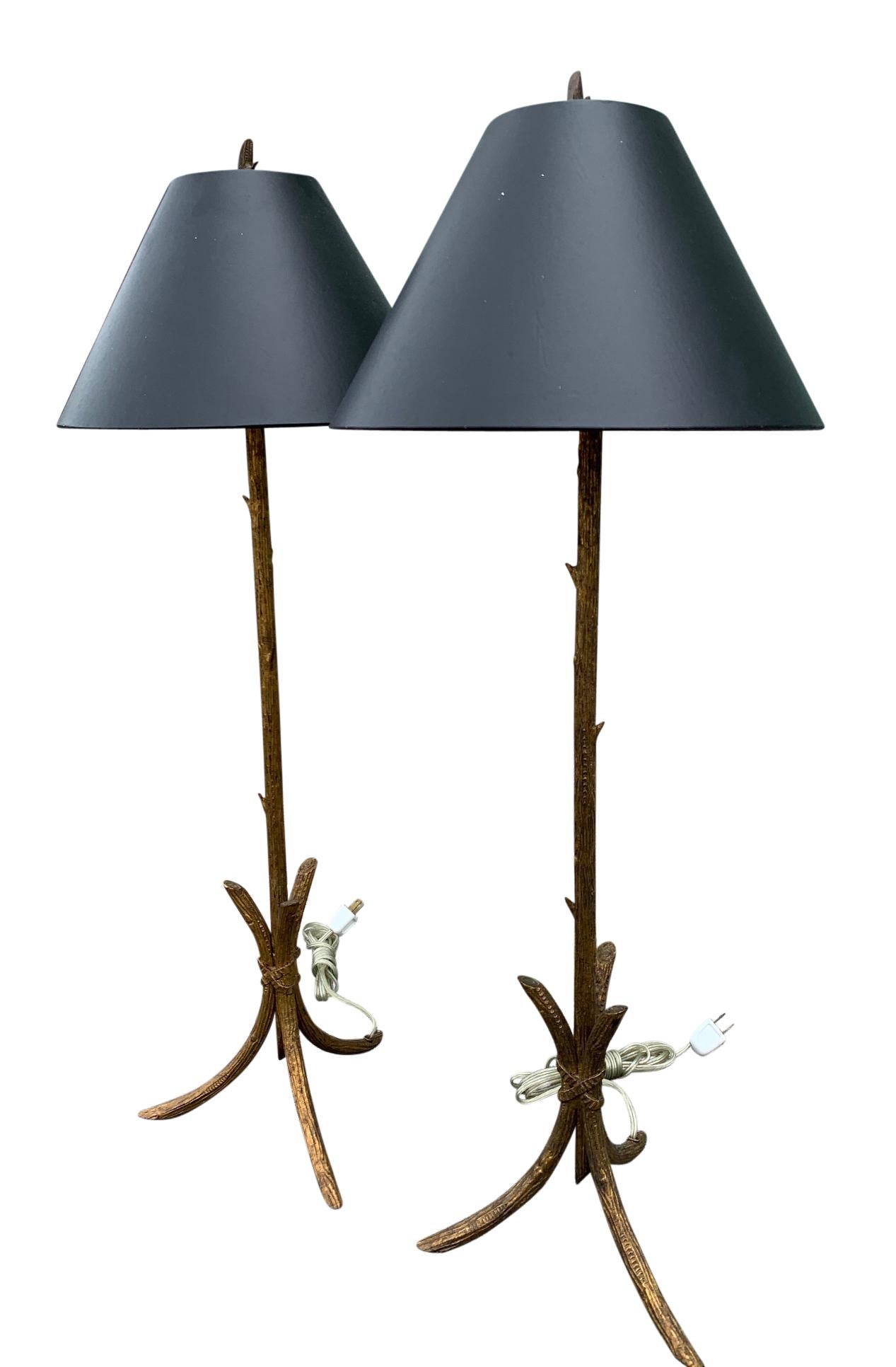 North American Pair of Gold Gilded Faux Bois Lamps For Sale
