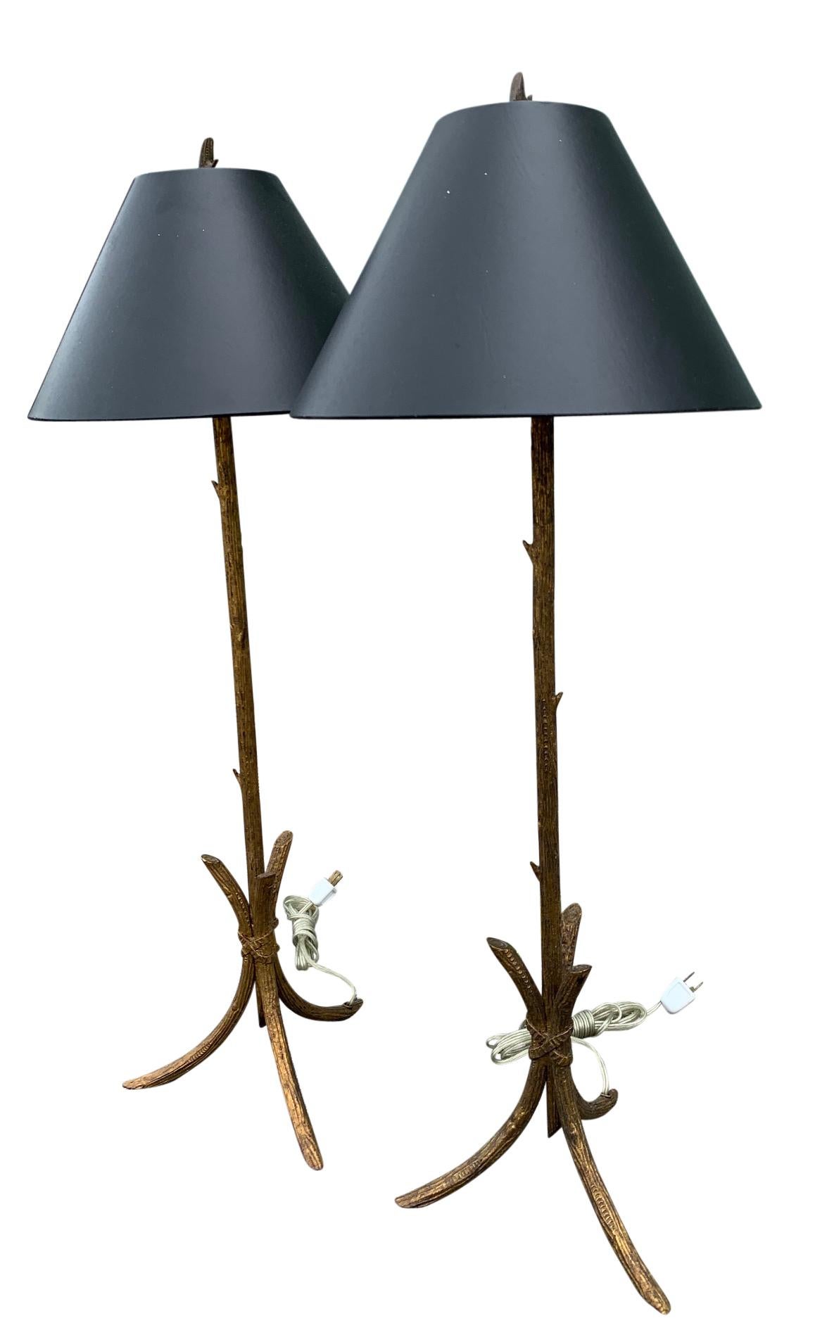 Gilt Pair of Gold Gilded Faux Bois Lamps For Sale