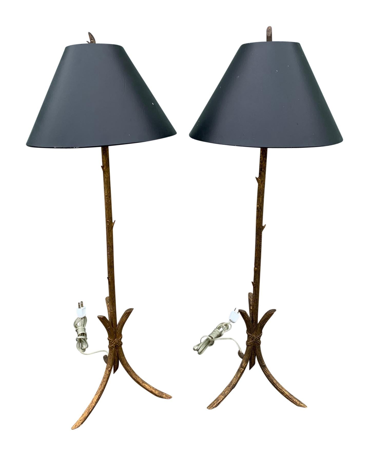 Iron Pair of Gold Gilded Faux Bois Lamps For Sale