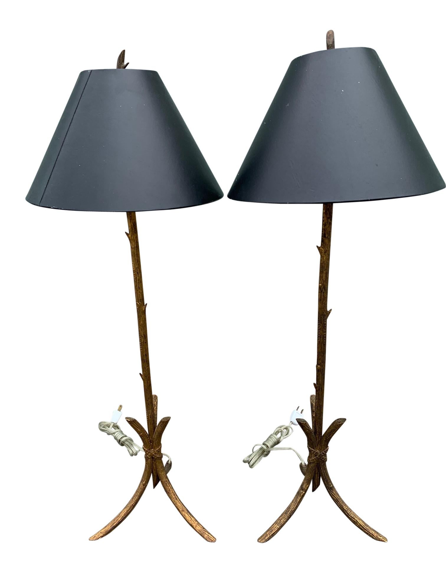 Pair of Gold Gilded Faux Bois Lamps For Sale 2