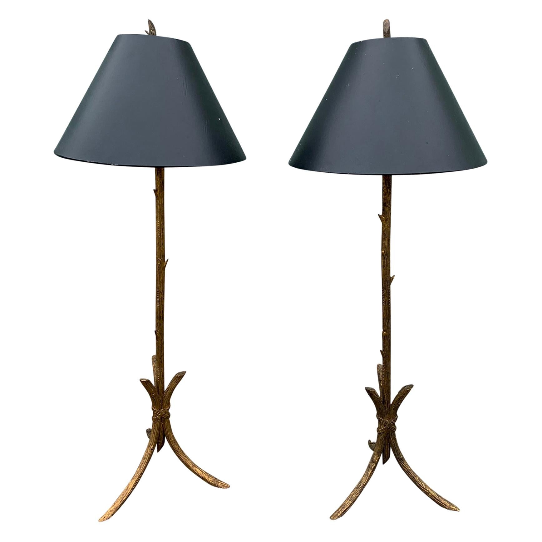 Pair of Gold Gilded Faux Bois Lamps For Sale