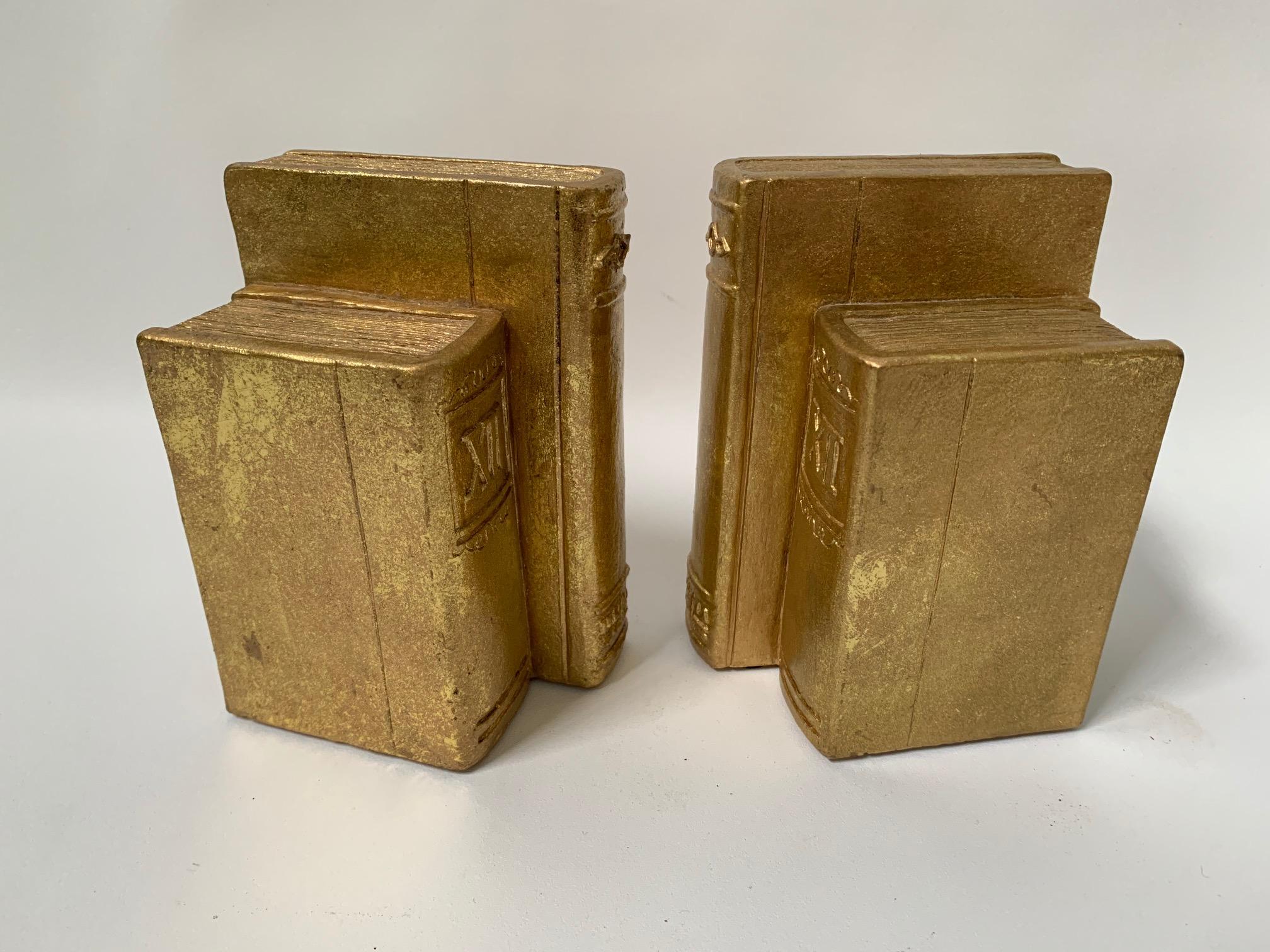 Hollywood Regency Pair of Gold Gilt Book Sculpture Bookends