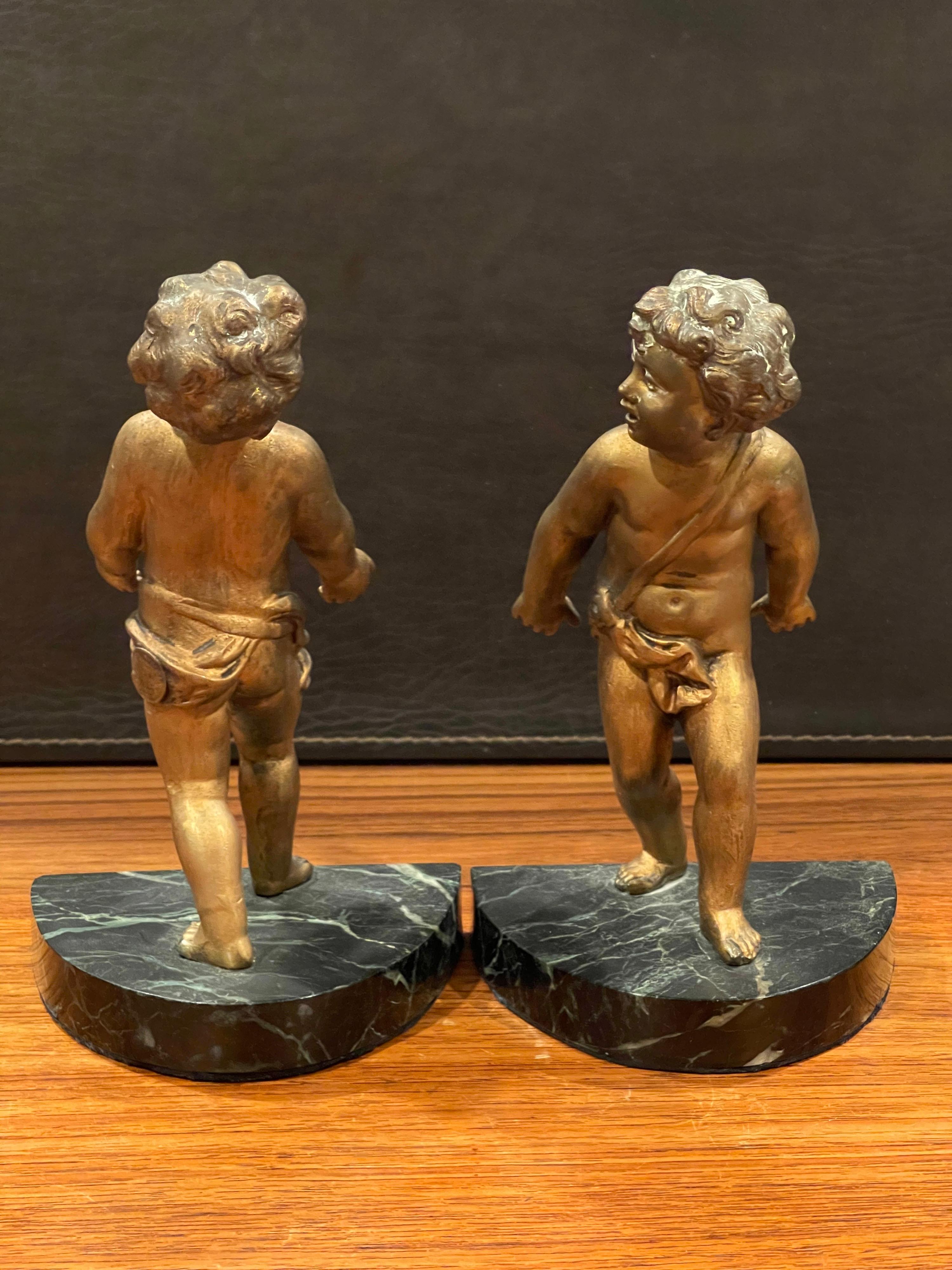 Pair of Gold Gilt Cherubs on Marble French Art Deco Bookends For Sale 4