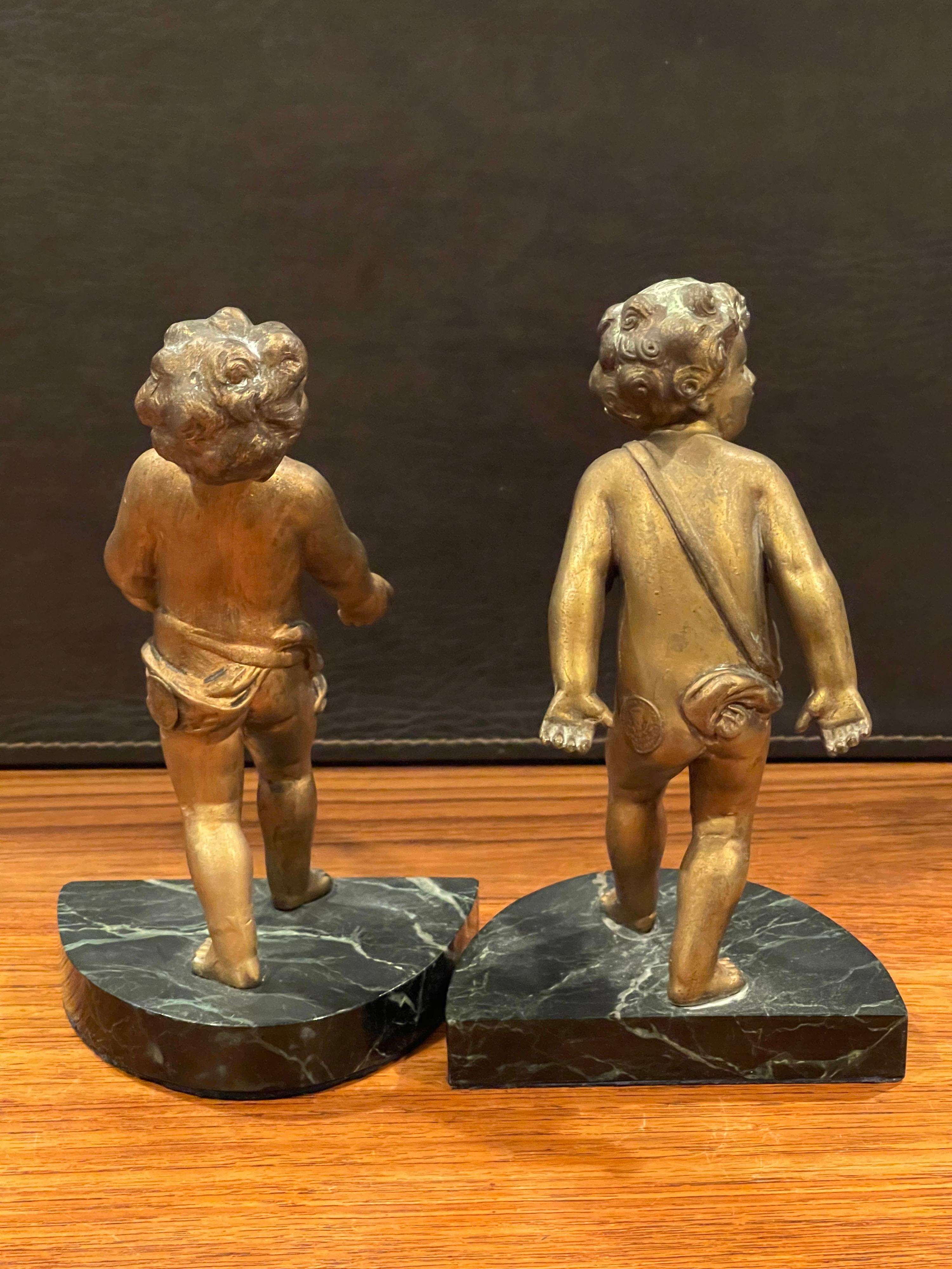 Pair of Gold Gilt Cherubs on Marble French Art Deco Bookends For Sale 5