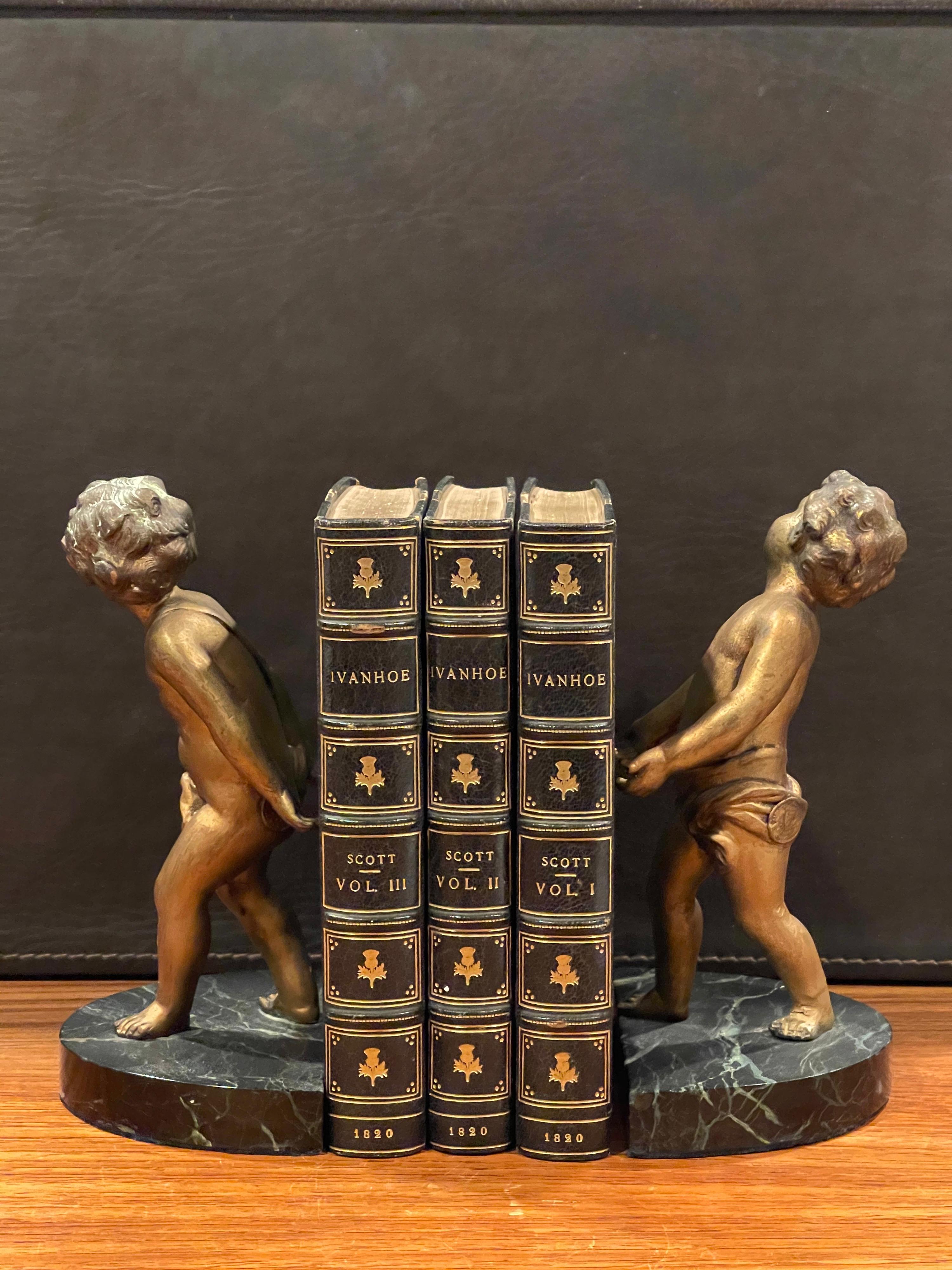 Pair of Gold Gilt Cherubs on Marble French Art Deco Bookends For Sale 11