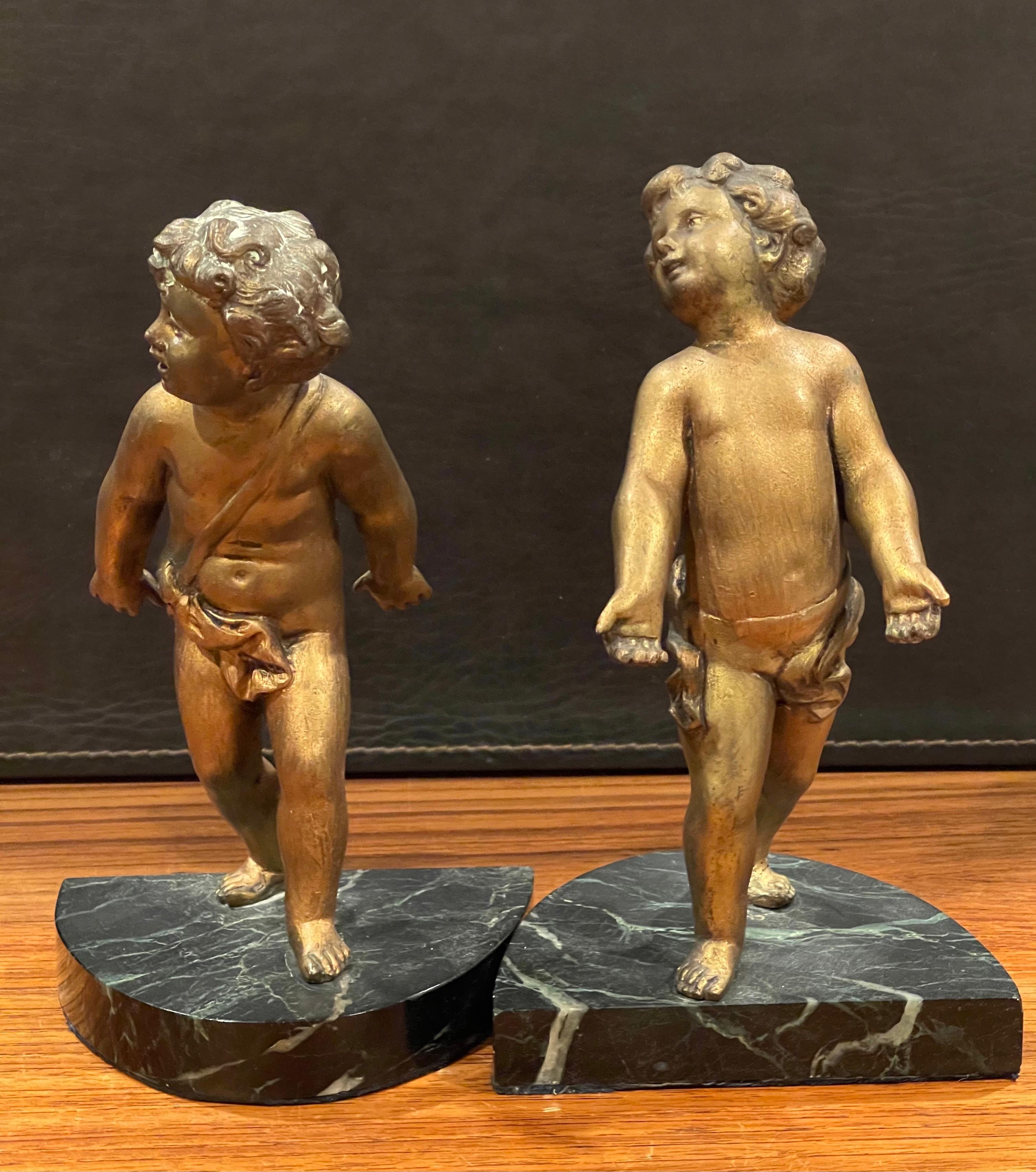 Pair of Gold Gilt Cherubs on Marble French Art Deco Bookends For Sale 1