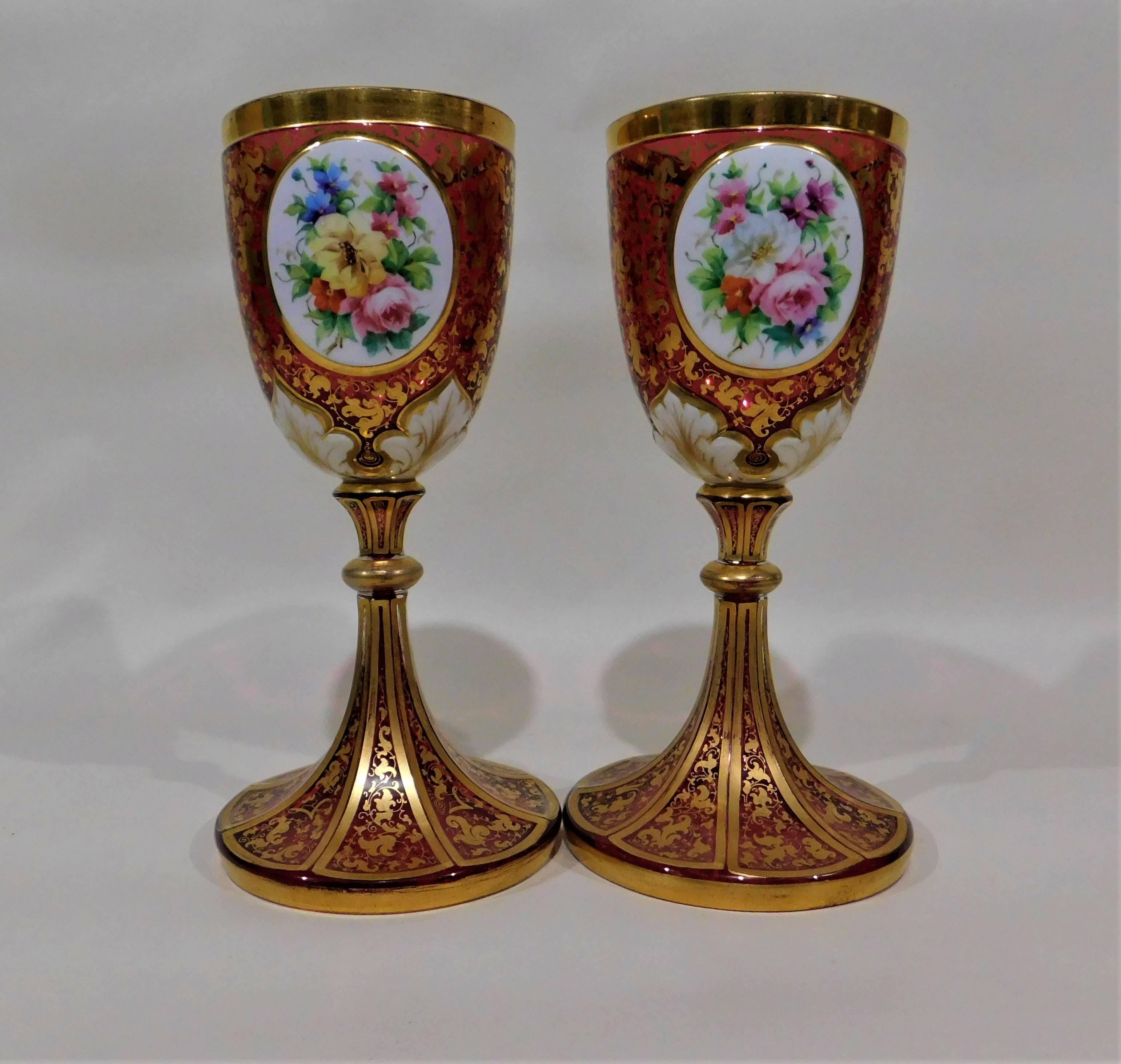 Pair of Gold Gilt Hand-Painted Bohemian Glass Enameled Goblets For Sale 5